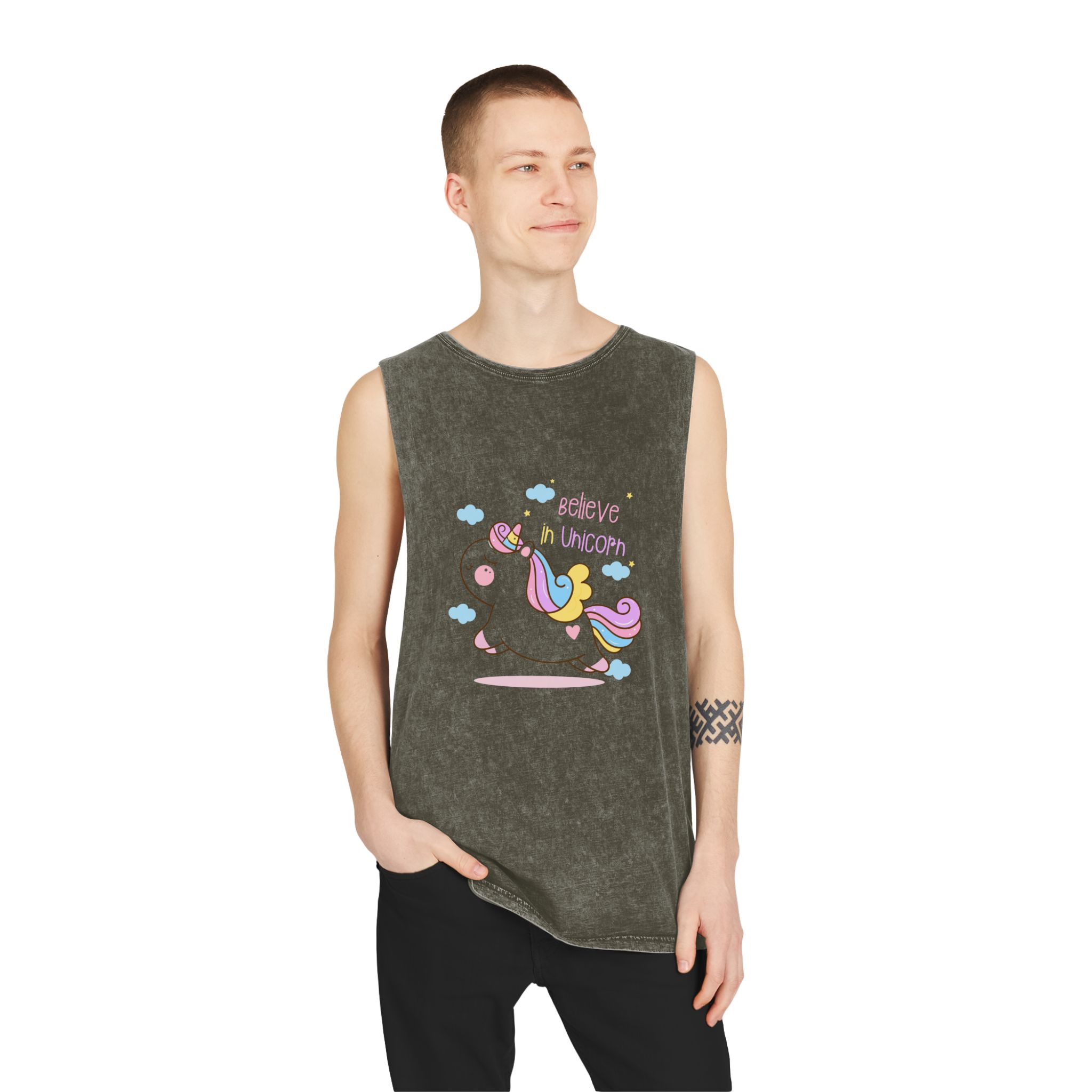 Cute Unicorn Cartoon Jump Air Flat Style Unisex Stonewash Tank Top - Image 7