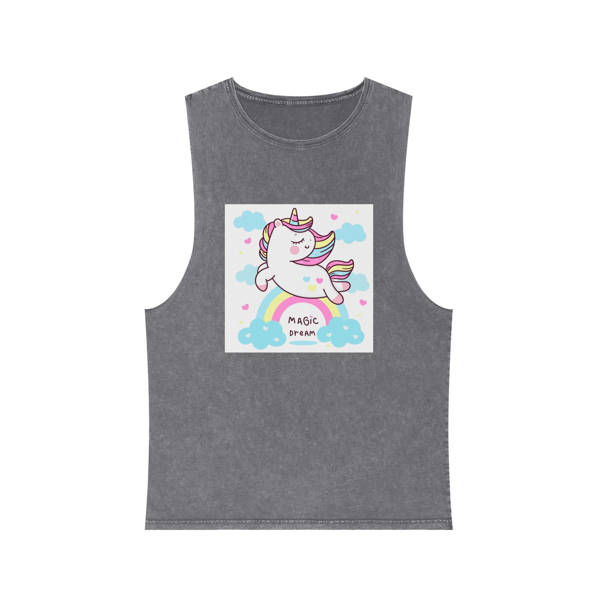Cute Unicorn Pegasus Vector Fly On Sky With Rainbow Sweet Heart and Cloud Pony Cartoon Pastel Background Valentines Day Unisex Stonewash Tank Top - Image 9