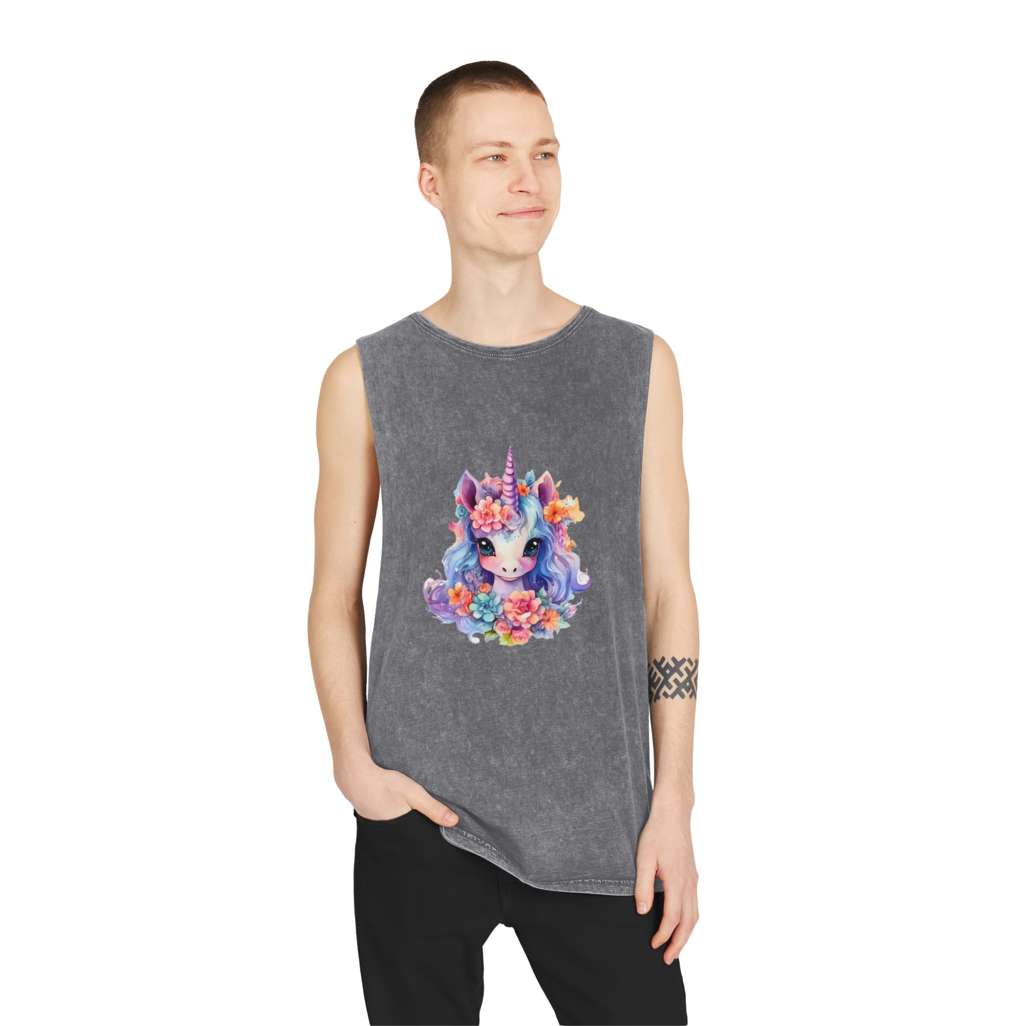 Cute Colorful Magic Unicorn With Flowers Watercolor Style (9) Unisex Stonewash Tank Top - Image 11