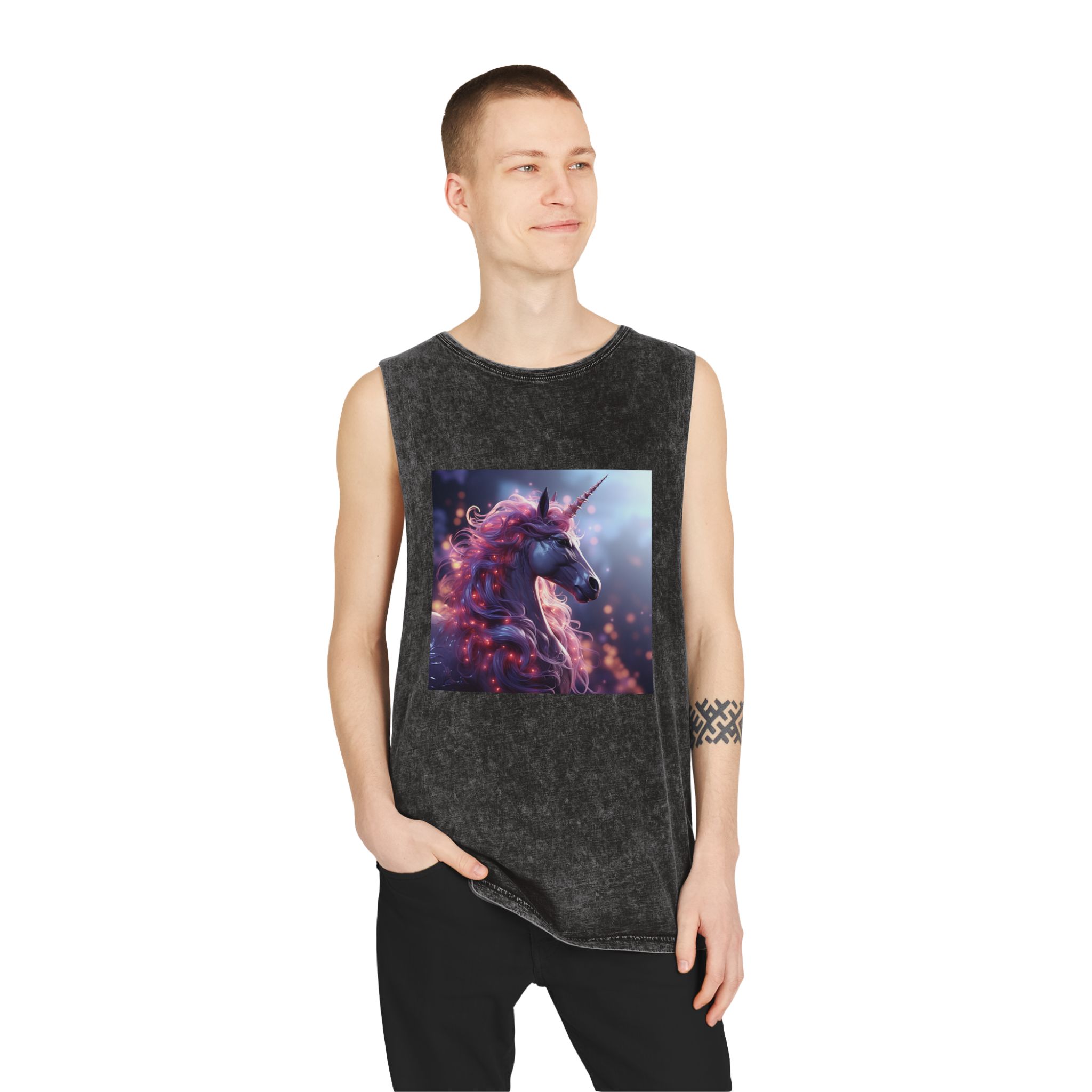 Pink 3d Mythical Unicorn With Lights Mane Unisex Stonewash Tank Top - Image 3