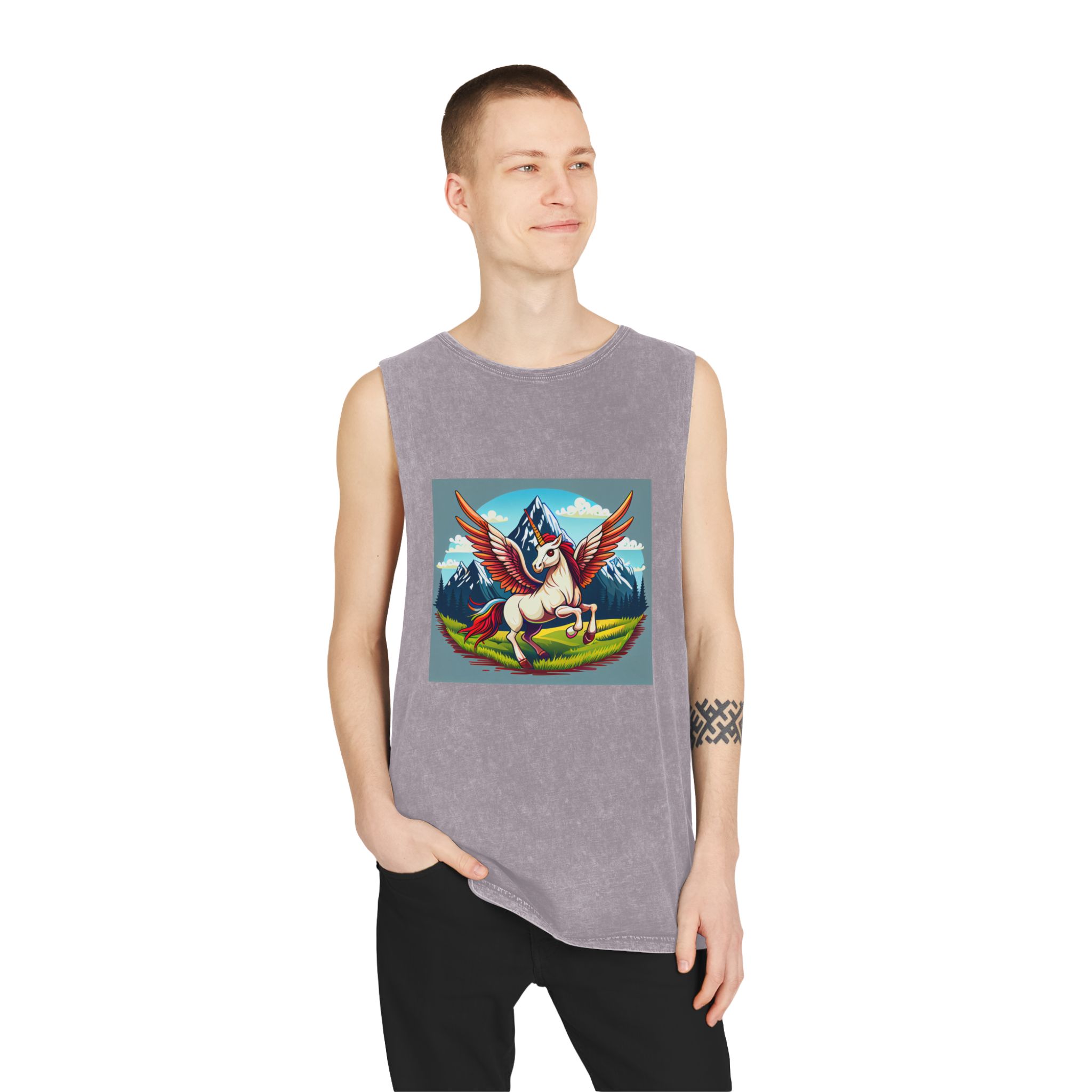 Cartoon Unicorn With Rainbow Wings Top Mountain Background Generative Ai Unisex Stonewash Tank Top - Image 19