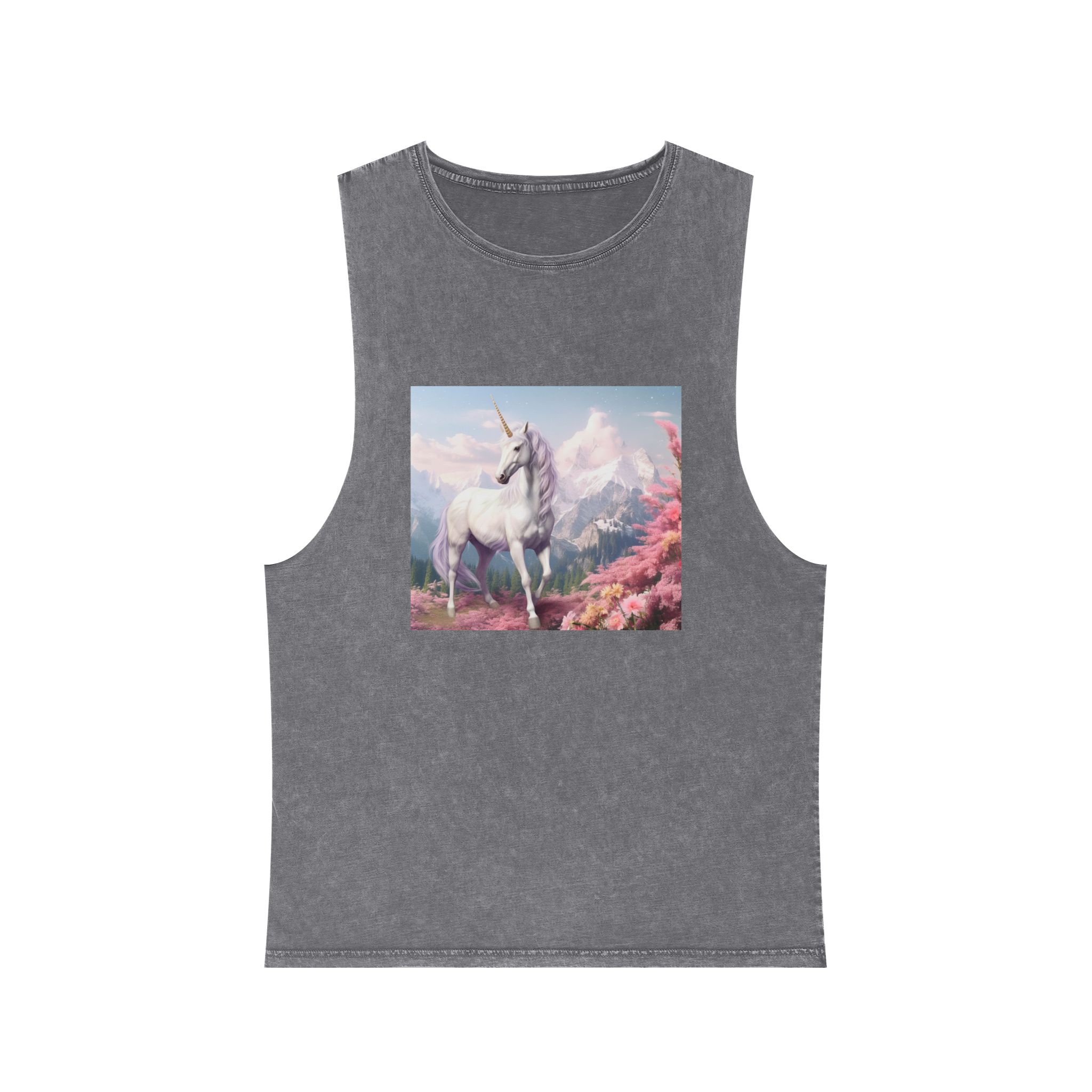 Unicorn Standing Field Flowers With Mountains Background Generative Ai Unisex Stonewash Tank Top - Image 9