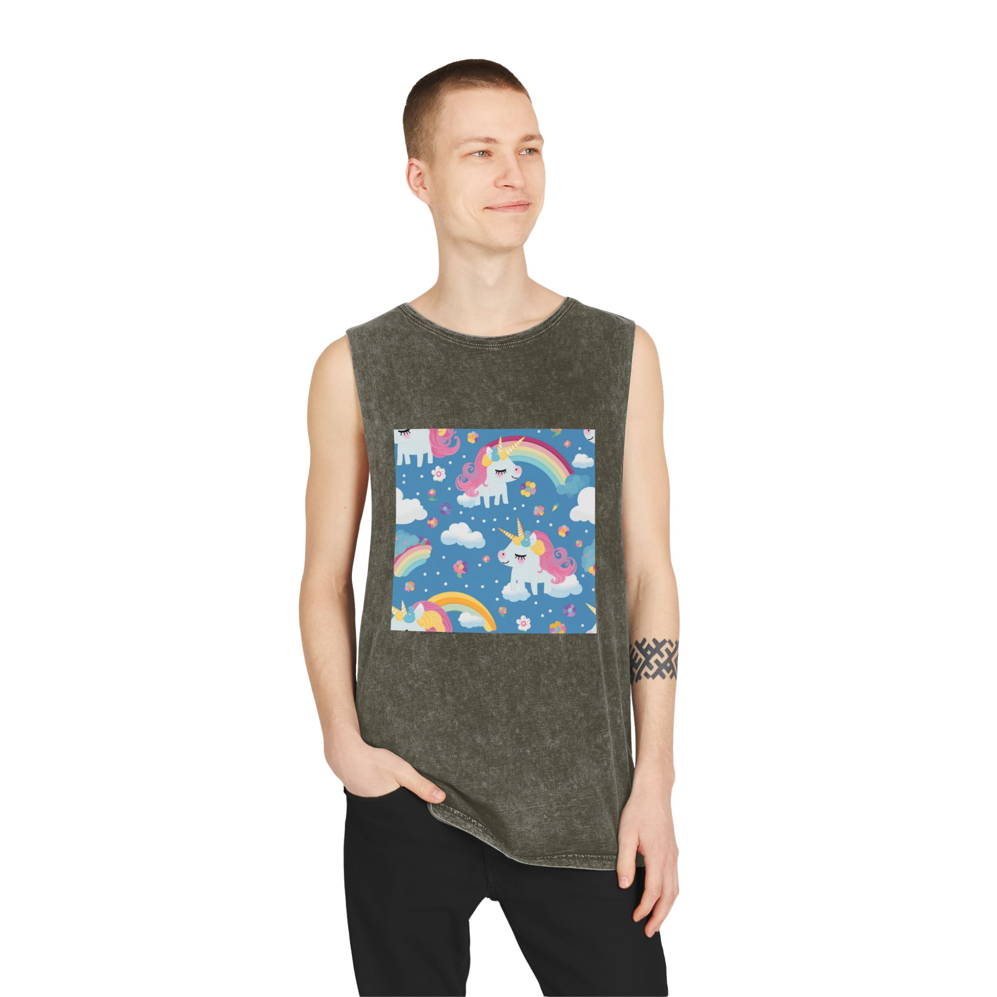 Playful Unicorns Flowers Clouds Rainbows Ice Creams Pastel Background (17) Unisex Stonewash Tank Top - Image 7