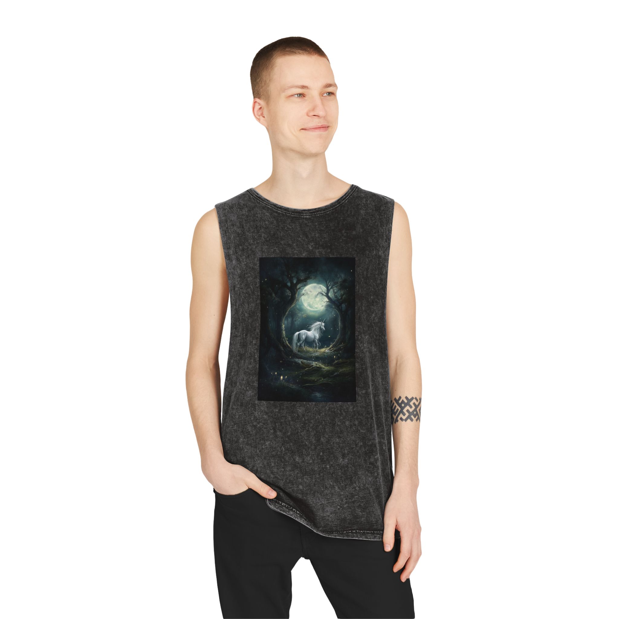 Unicorn Forest With Full Moon Background Unisex Stonewash Tank Top - Image 3