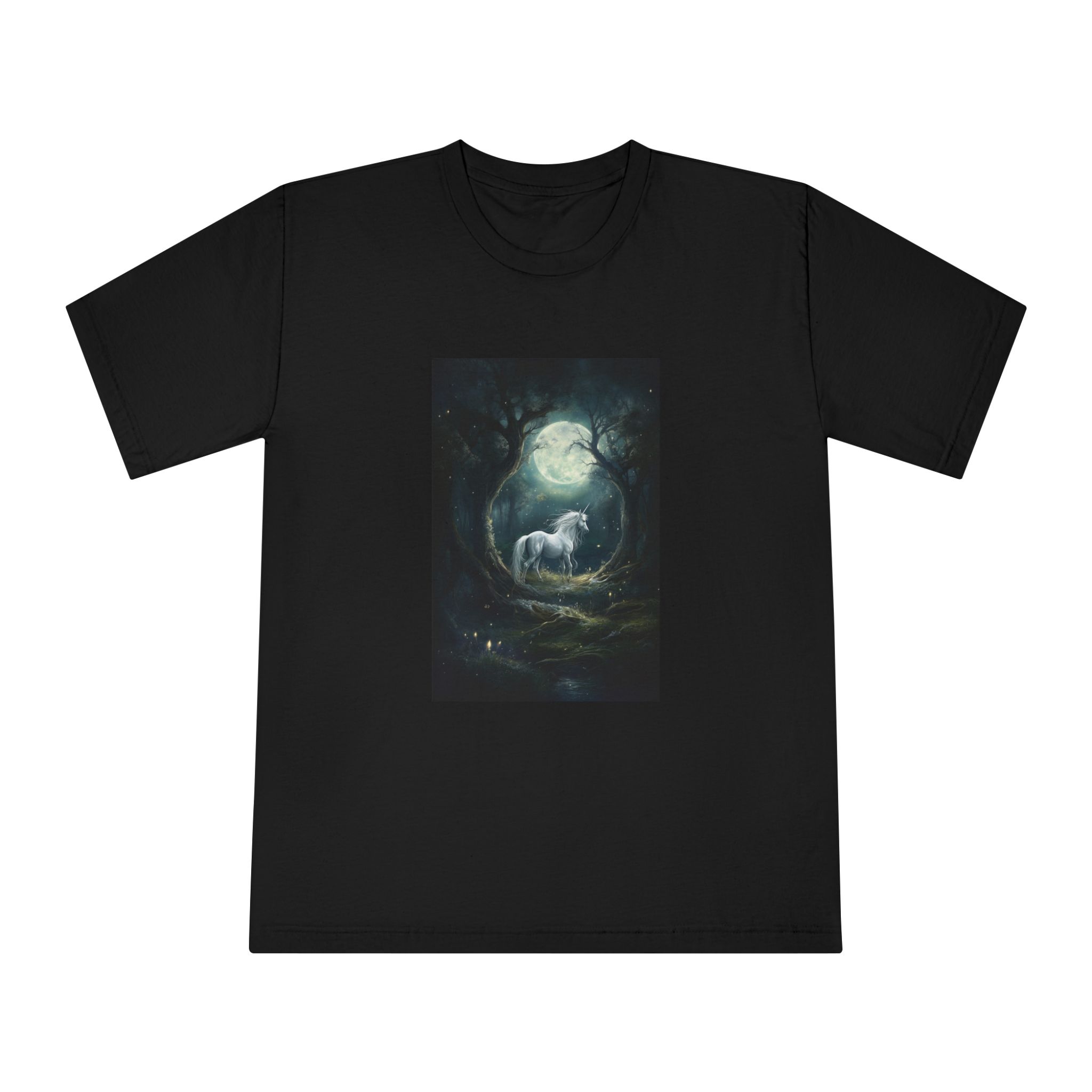 Unicorn Forest With Full Moon Background Unisex Classic Crewneck T Shirt - Image 5