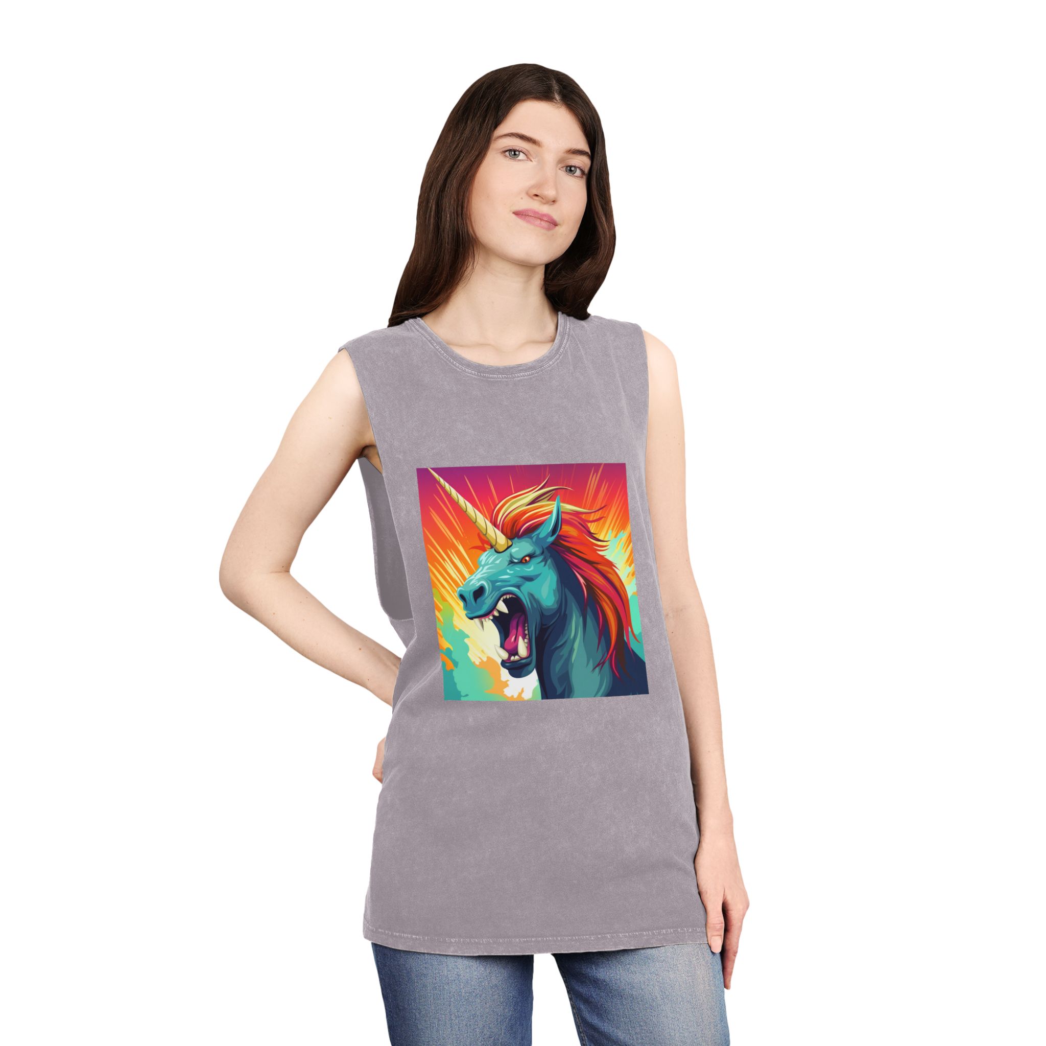 Illustration Unicorn With Colorful Mane Yellow Horn Generative Ai Unisex Stonewash Tank Top - Image 20
