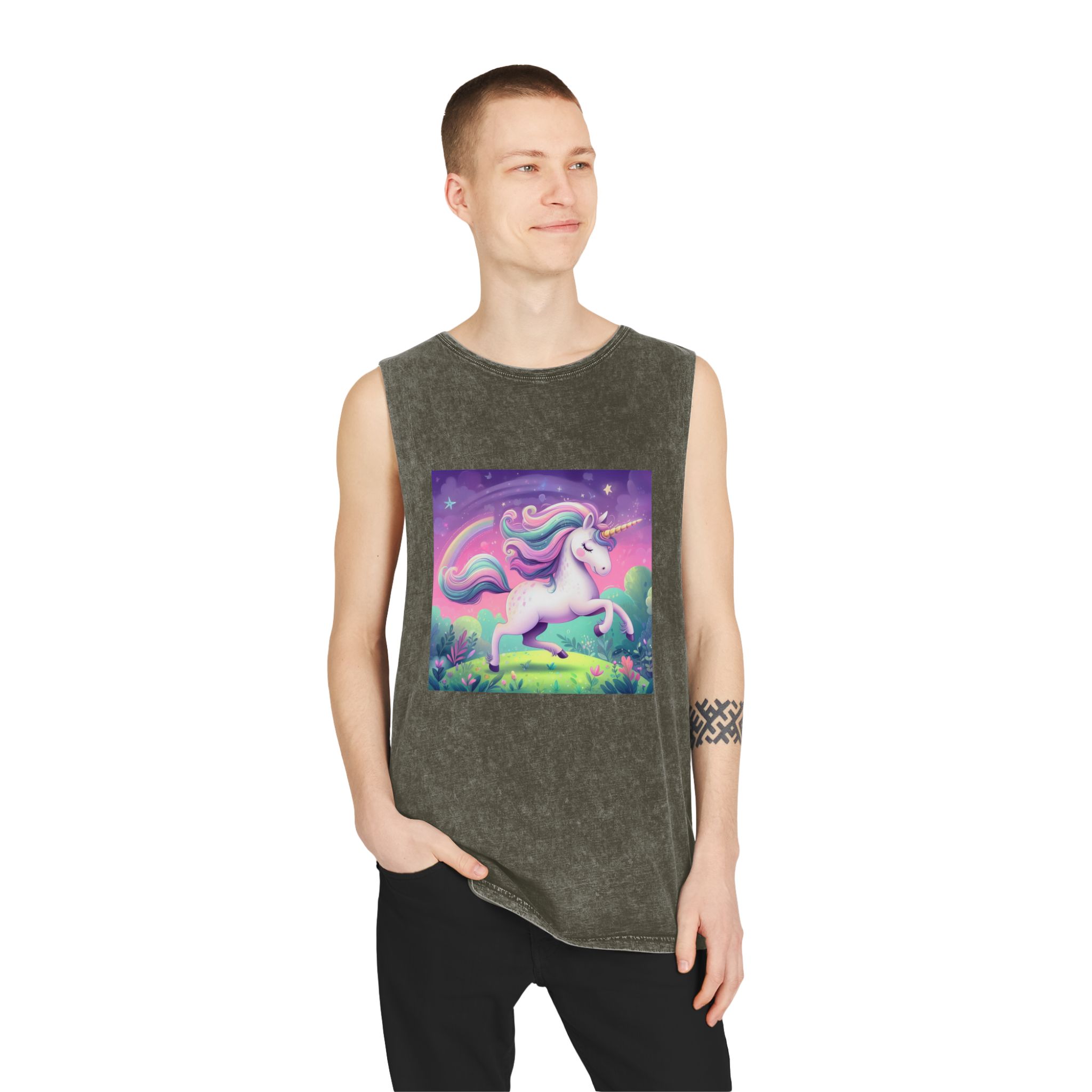 Beautiful Unicorn Running Magical Meadow Unicorn Background Images Whimsical Unicorn (12) Unisex Stonewash Tank Top - Image 7