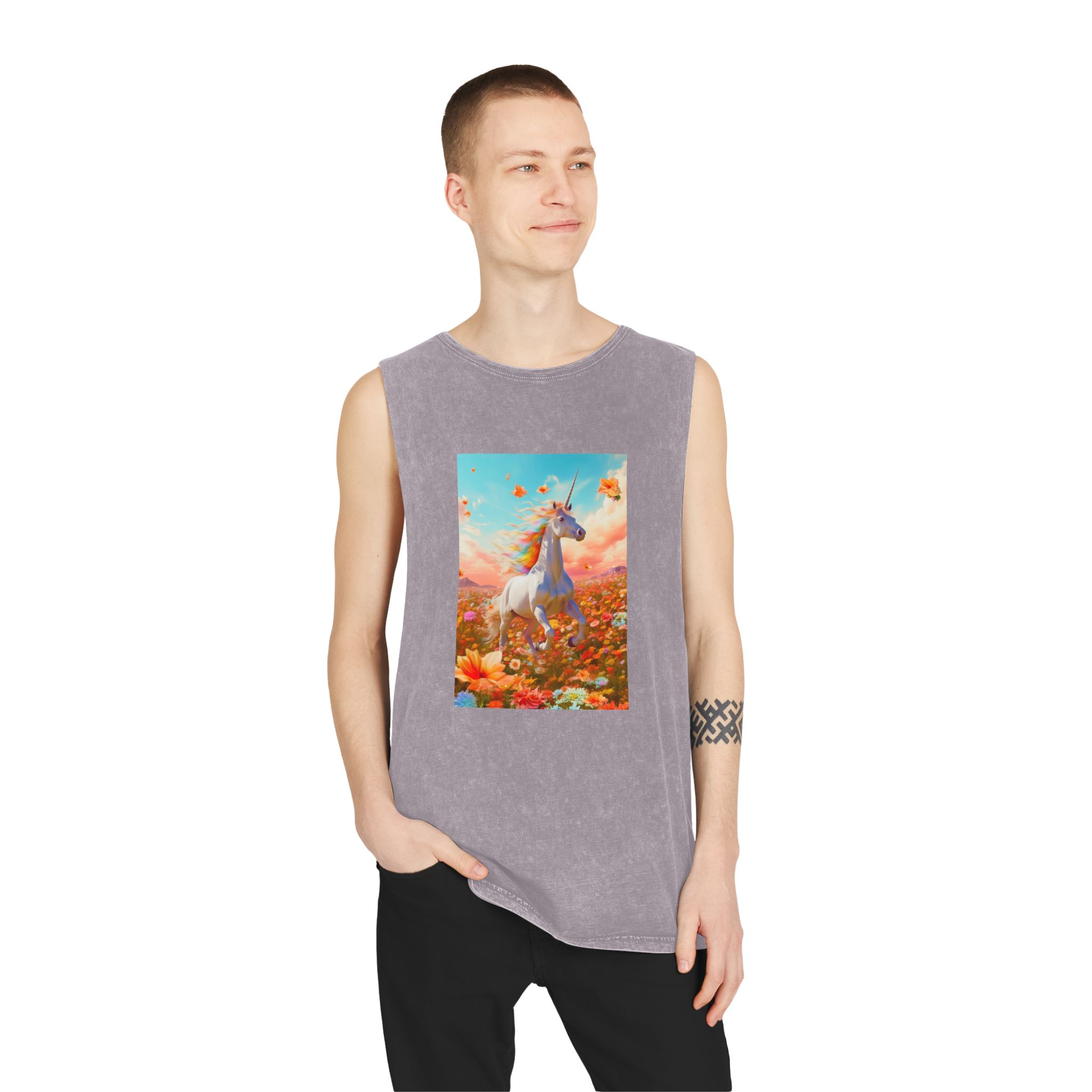 Image White Unicorn Running Through Field Wildflowers Generative Ai Unisex Stonewash Tank Top - Image 19