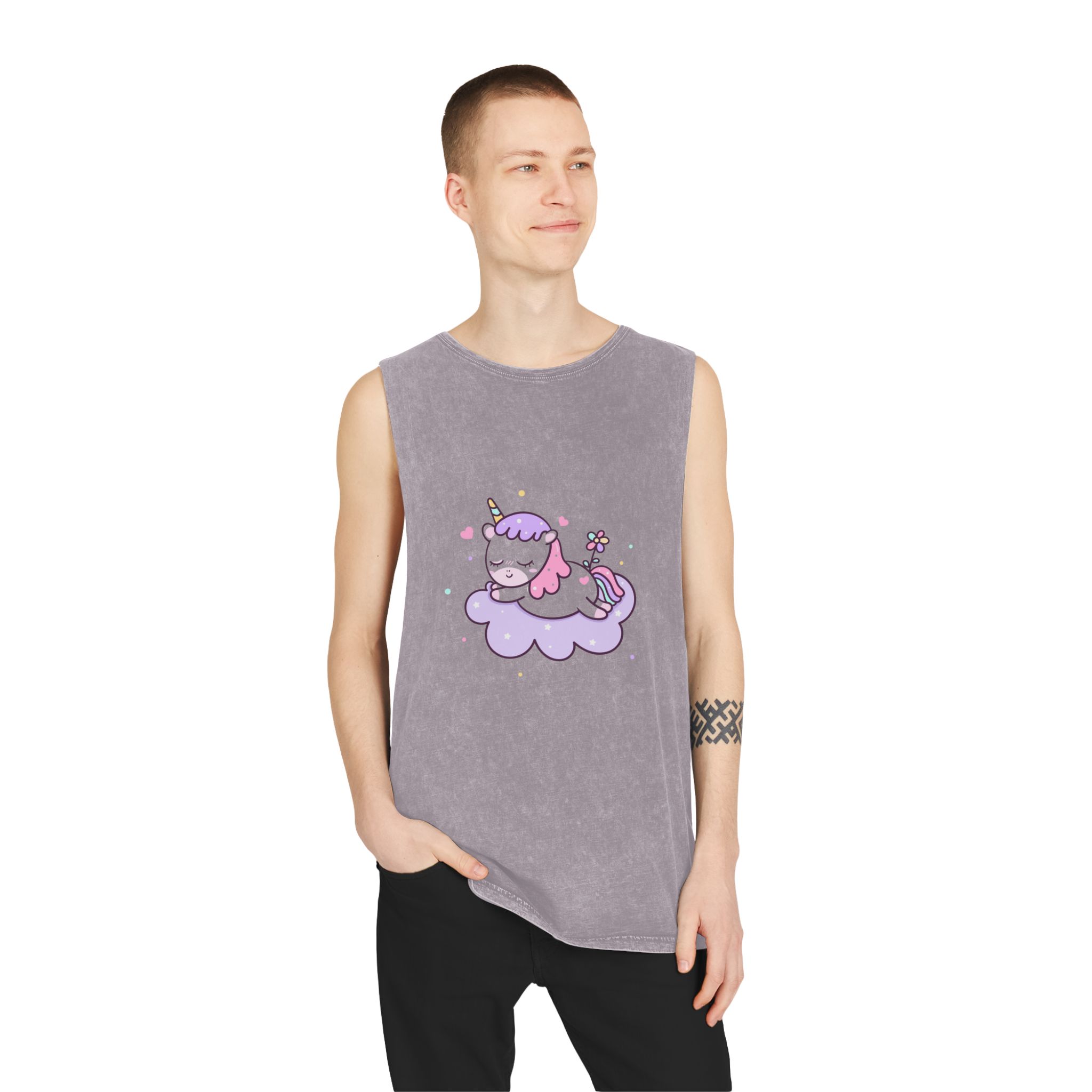Cute Unicorn Vector Sweet Dream Sky Unisex Stonewash Tank Top - Image 19