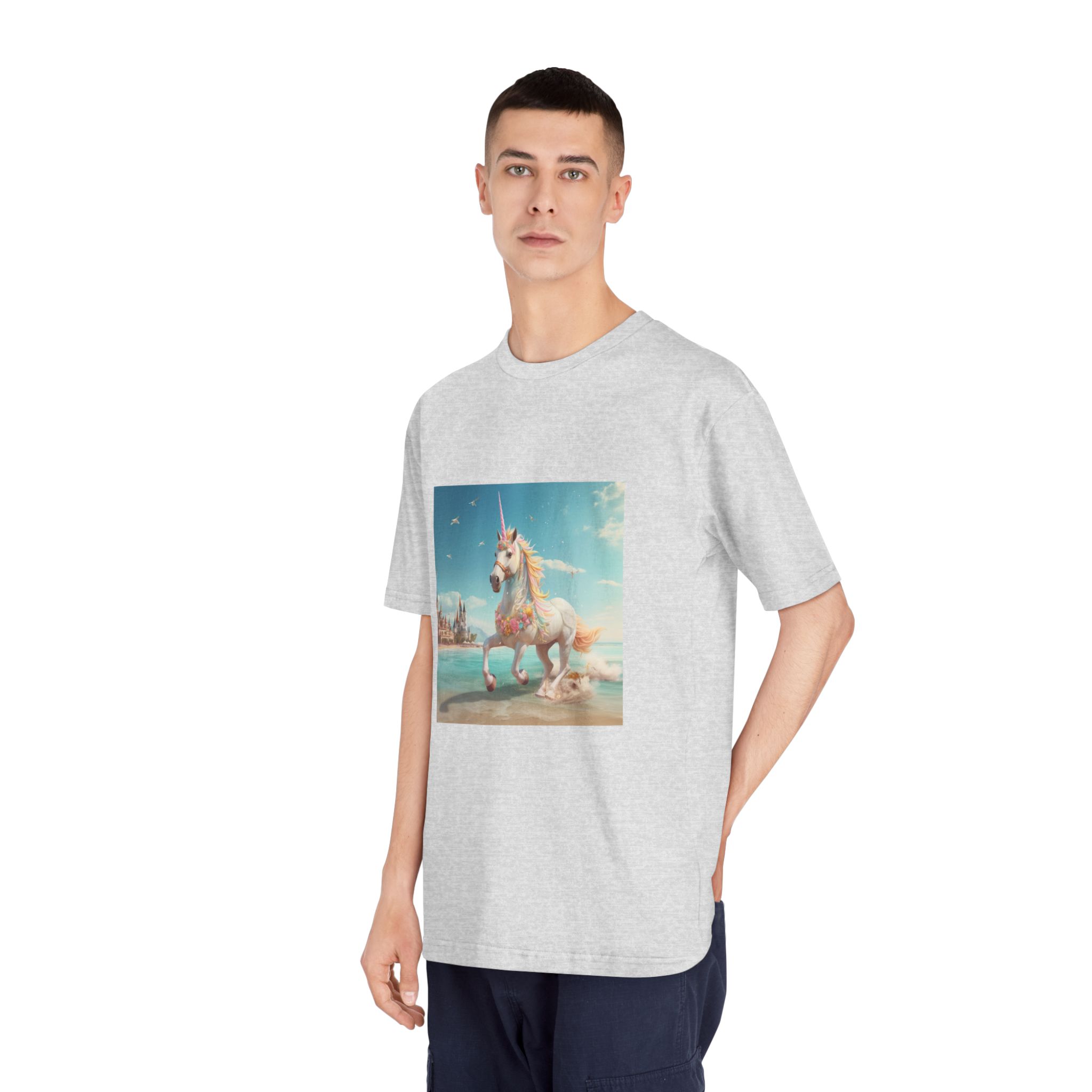 There Is Unicorn Running Beach With Castle Background Generative Ai Unisex Classic Crewneck T Shirt - Image 16