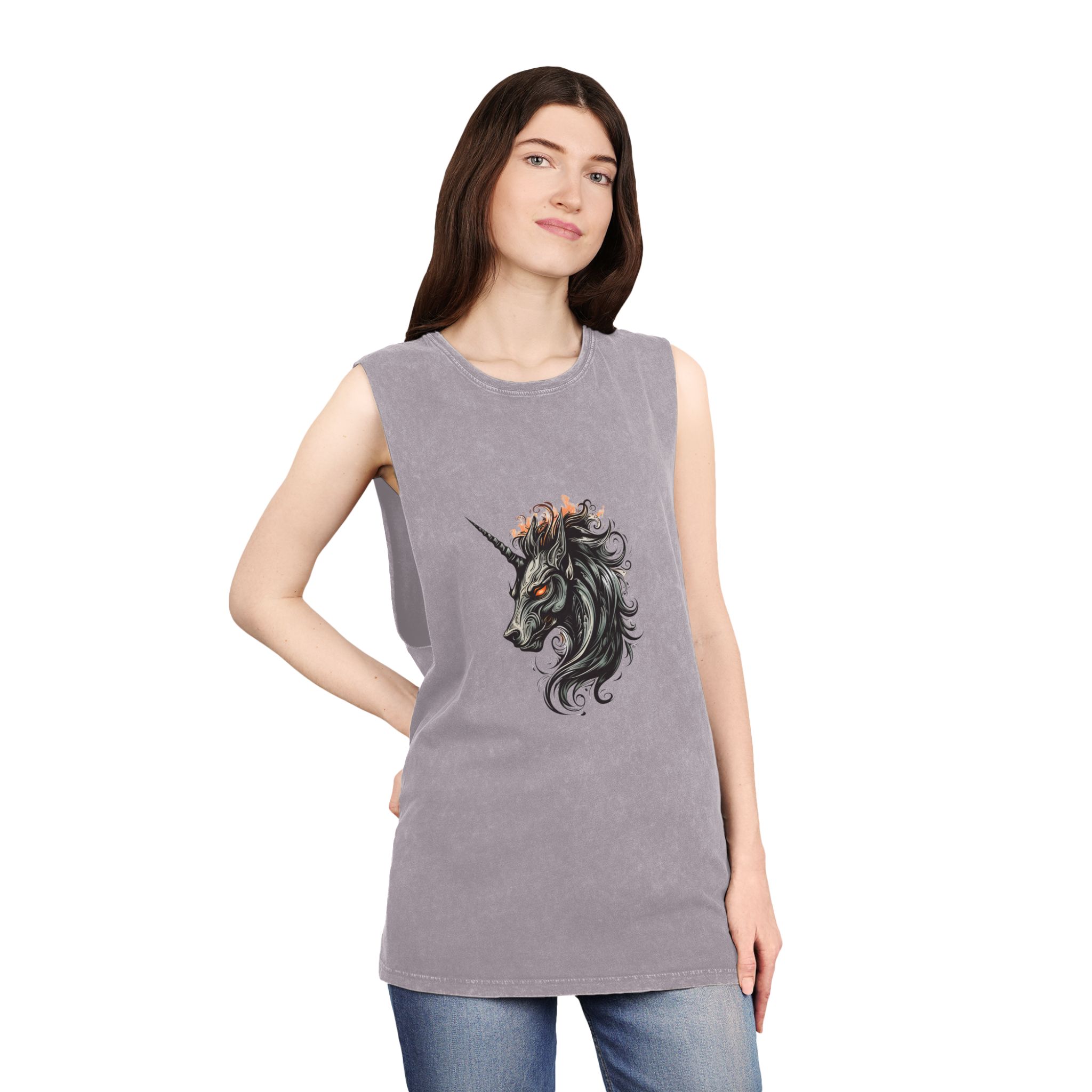 Unicorn Head Tshirt Tattoo Design Dark Art Illustration Isolated White (3) Unisex Stonewash Tank Top - Image 20