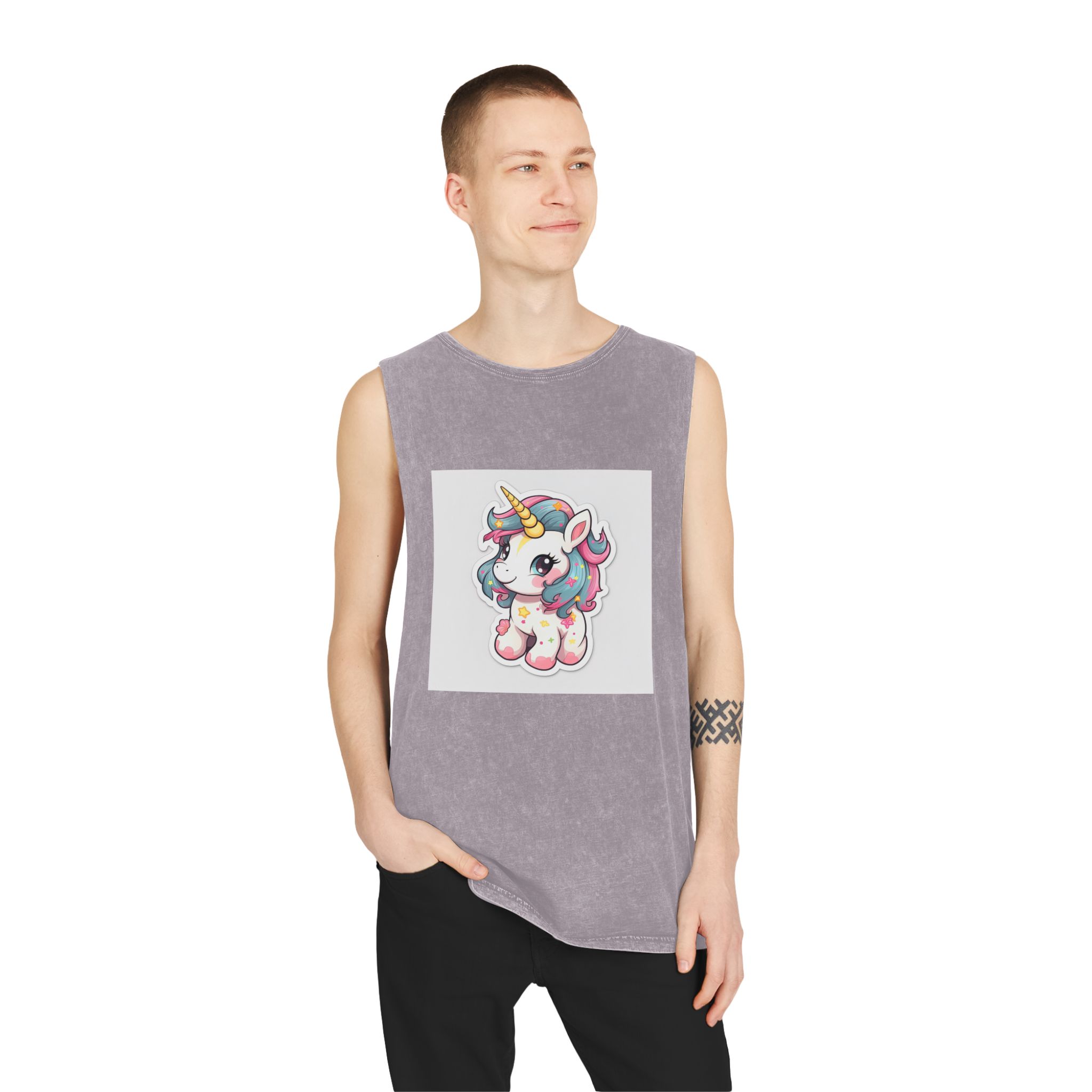 Cartoon Unicorn With Pink Mane Tail With Stars It Unisex Stonewash Tank Top - Image 19