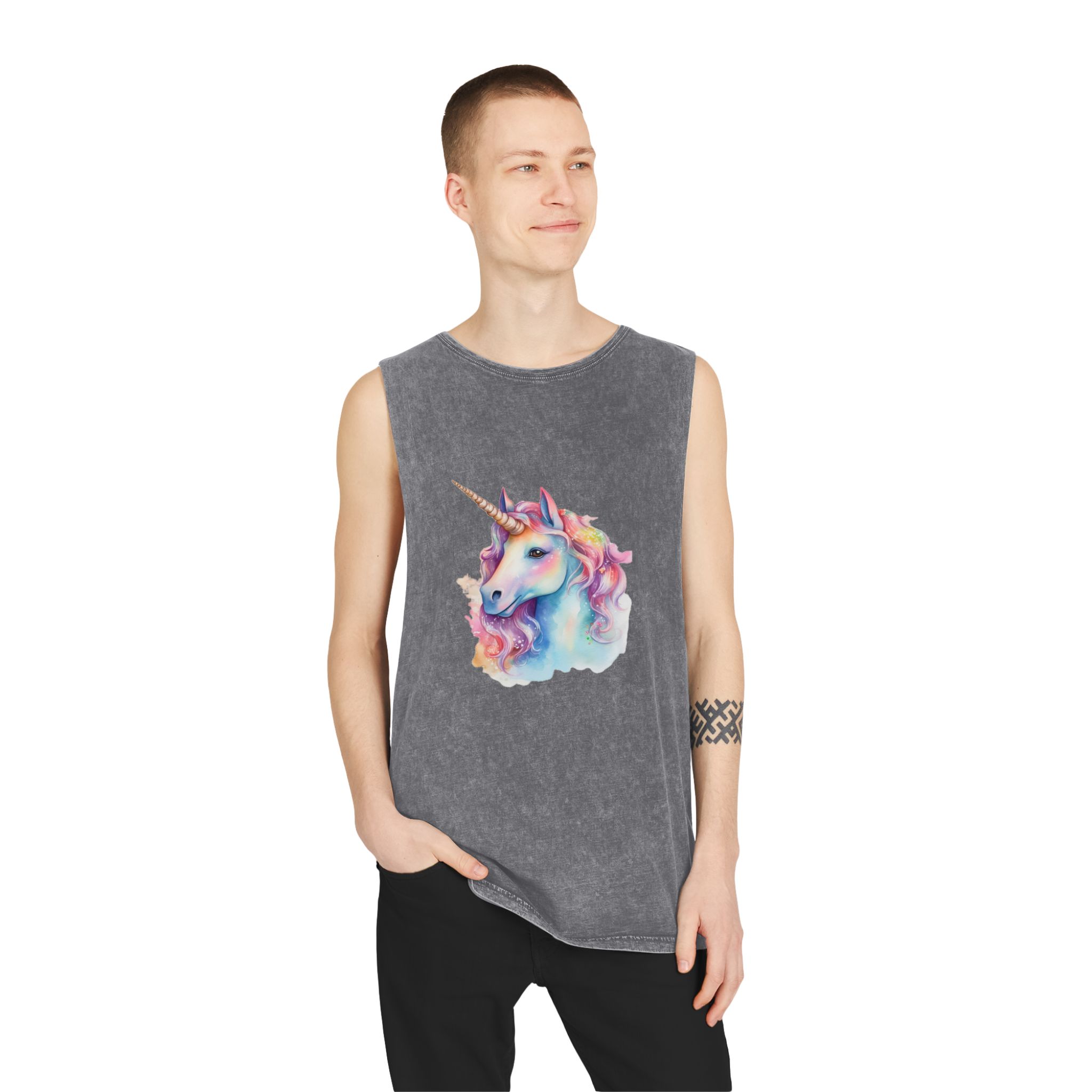 Painting Unicorn With Long Mane Colorful Mane Generative Ai Unisex Stonewash Tank Top - Image 11