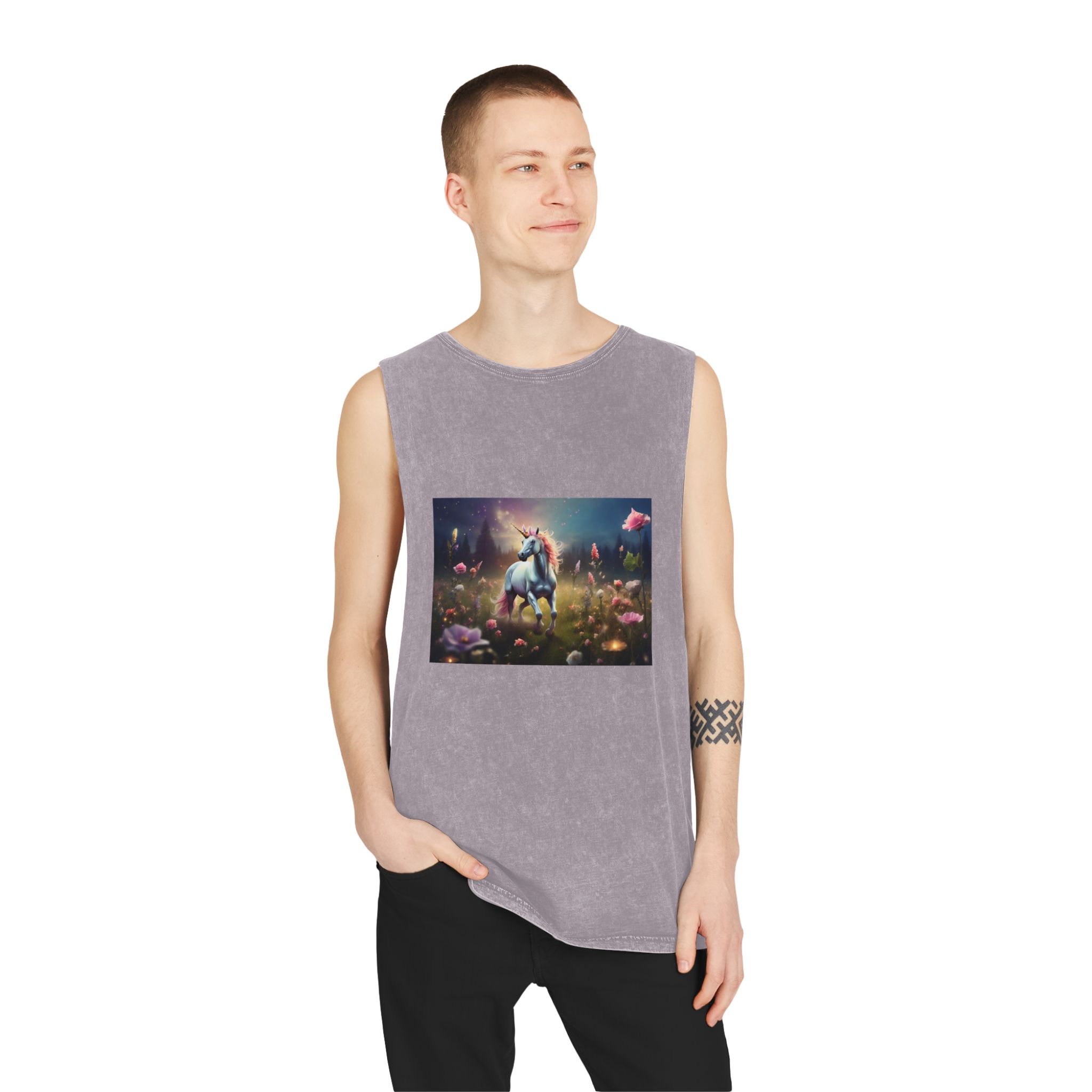 Beautiful Unicorn Running Magical Meadow Unicorn Background Images Whimsical Unicorn (20) Unisex Stonewash Tank Top - Image 19