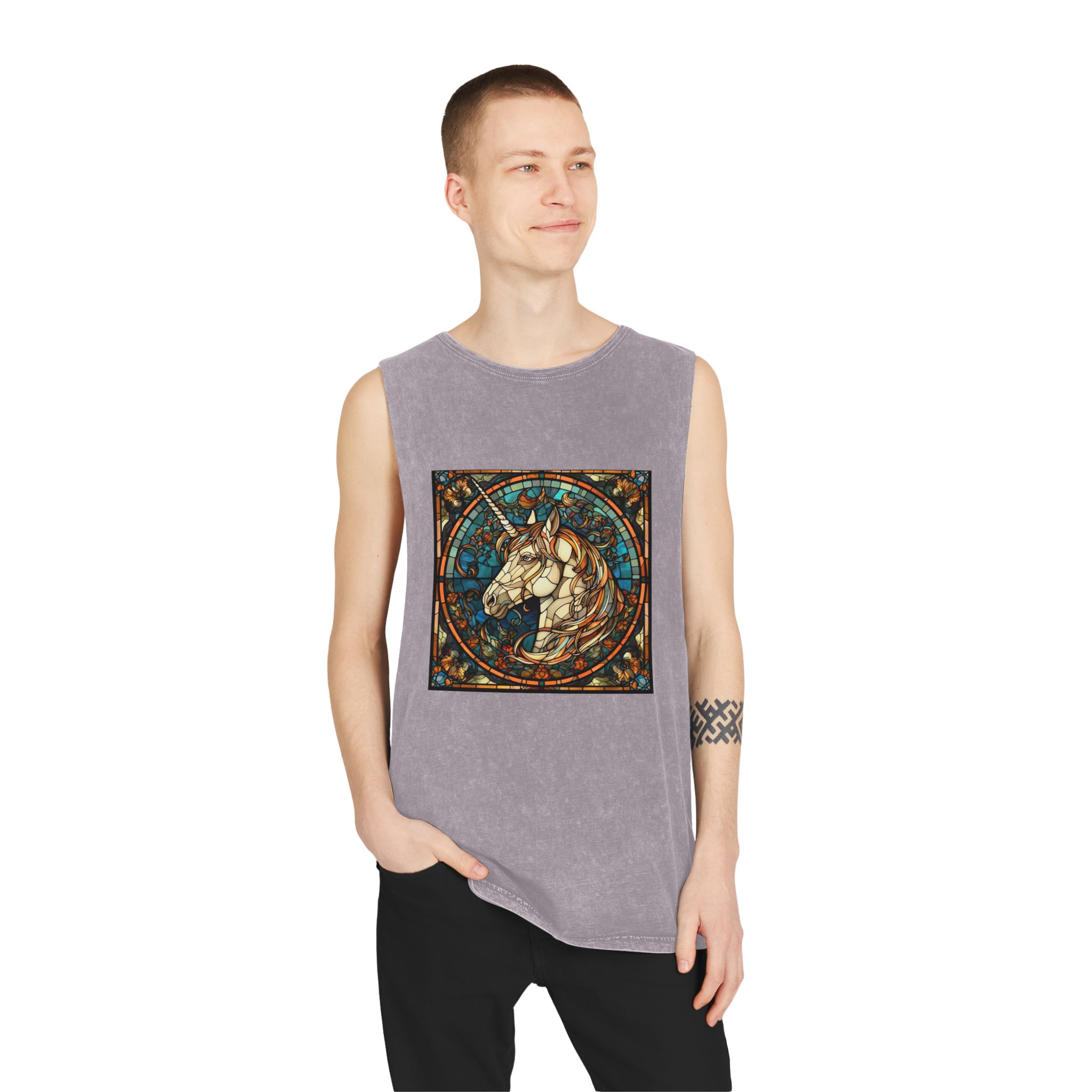Stained Glass Unicorn Fantasy Unisex Stonewash Tank Top - Image 19