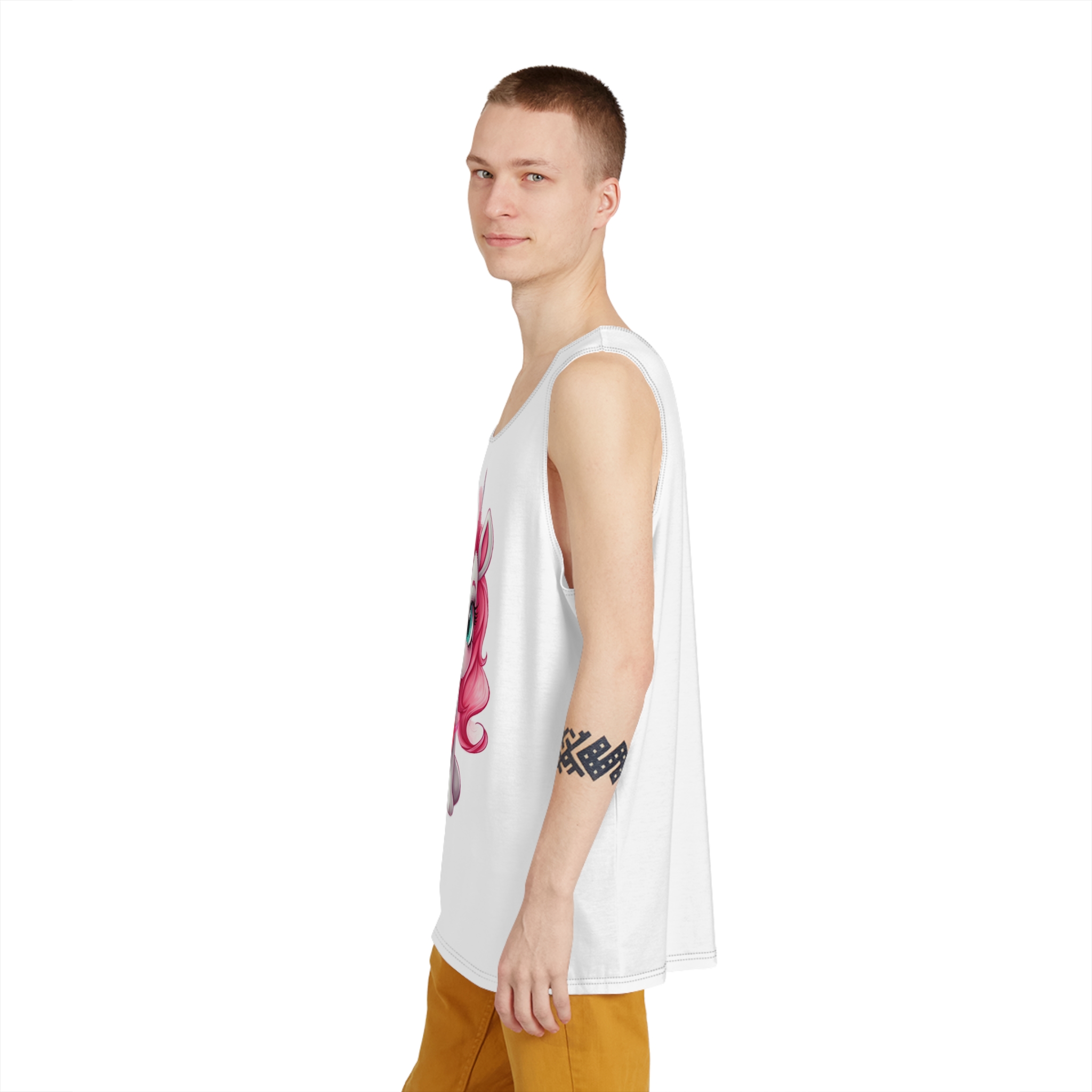 Cartoon Unicorn With Pink Hair Heart Shaped Tail Generative Ai Mens Tank Aop