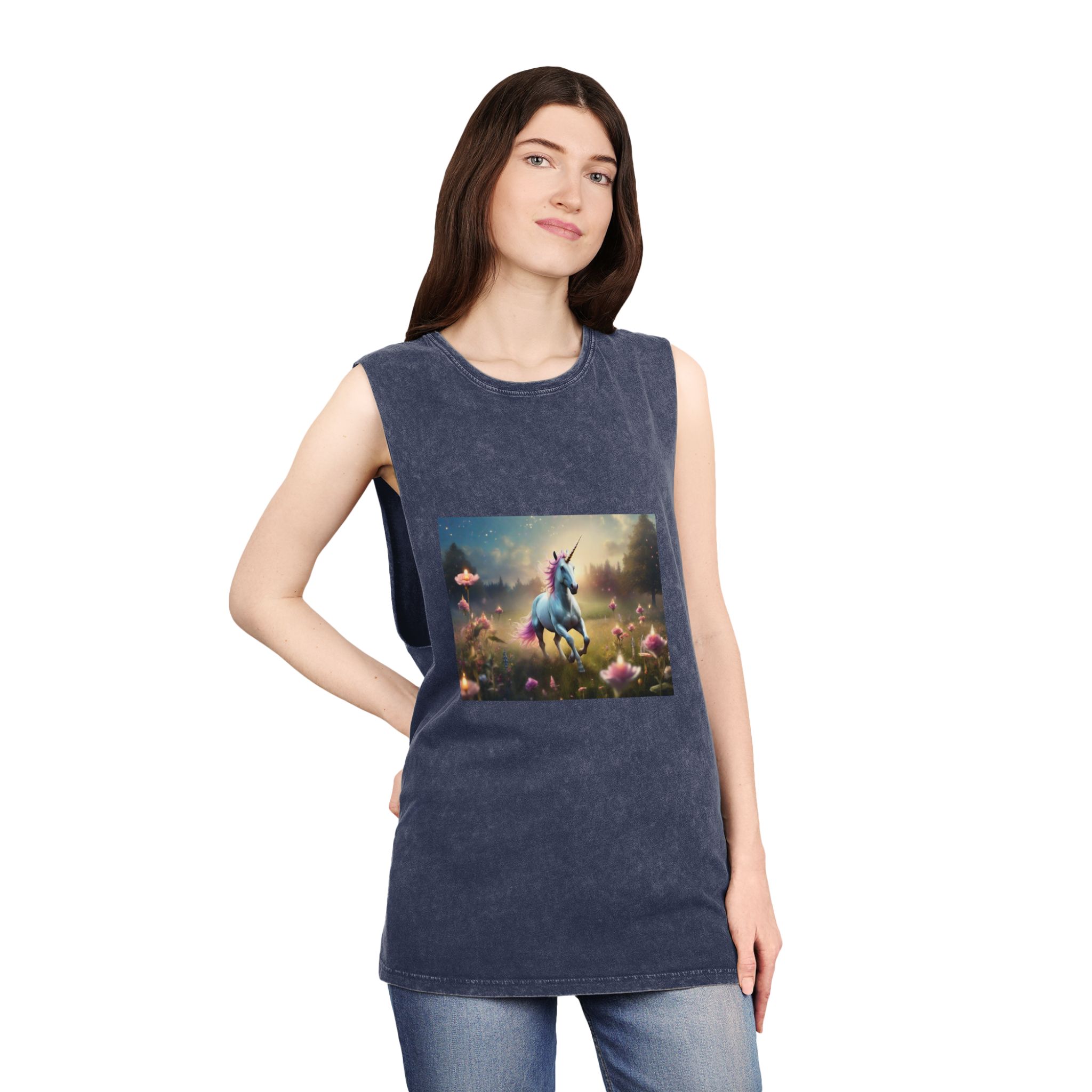 Beautiful Unicorn Running Magical Meadow Unicorn Background Images Whimsical Unicorn (19) Unisex Stonewash Tank Top - Image 16