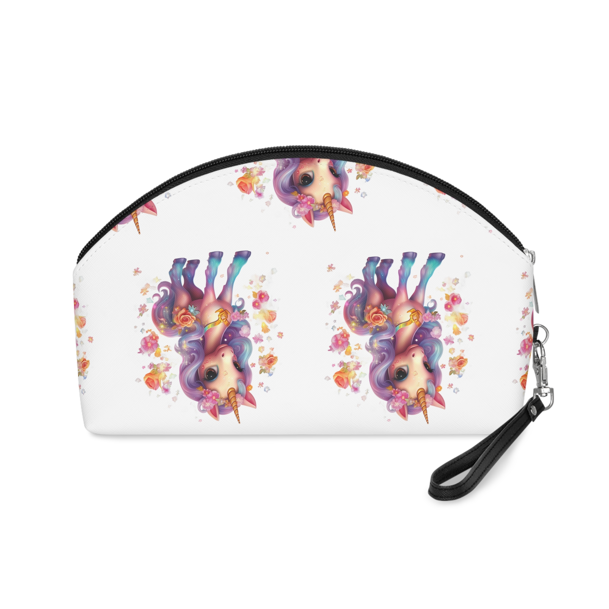 Illustration Unicorn Cartoon With Flower White Background Generative Ai (1) Makeup Bag - Image 2