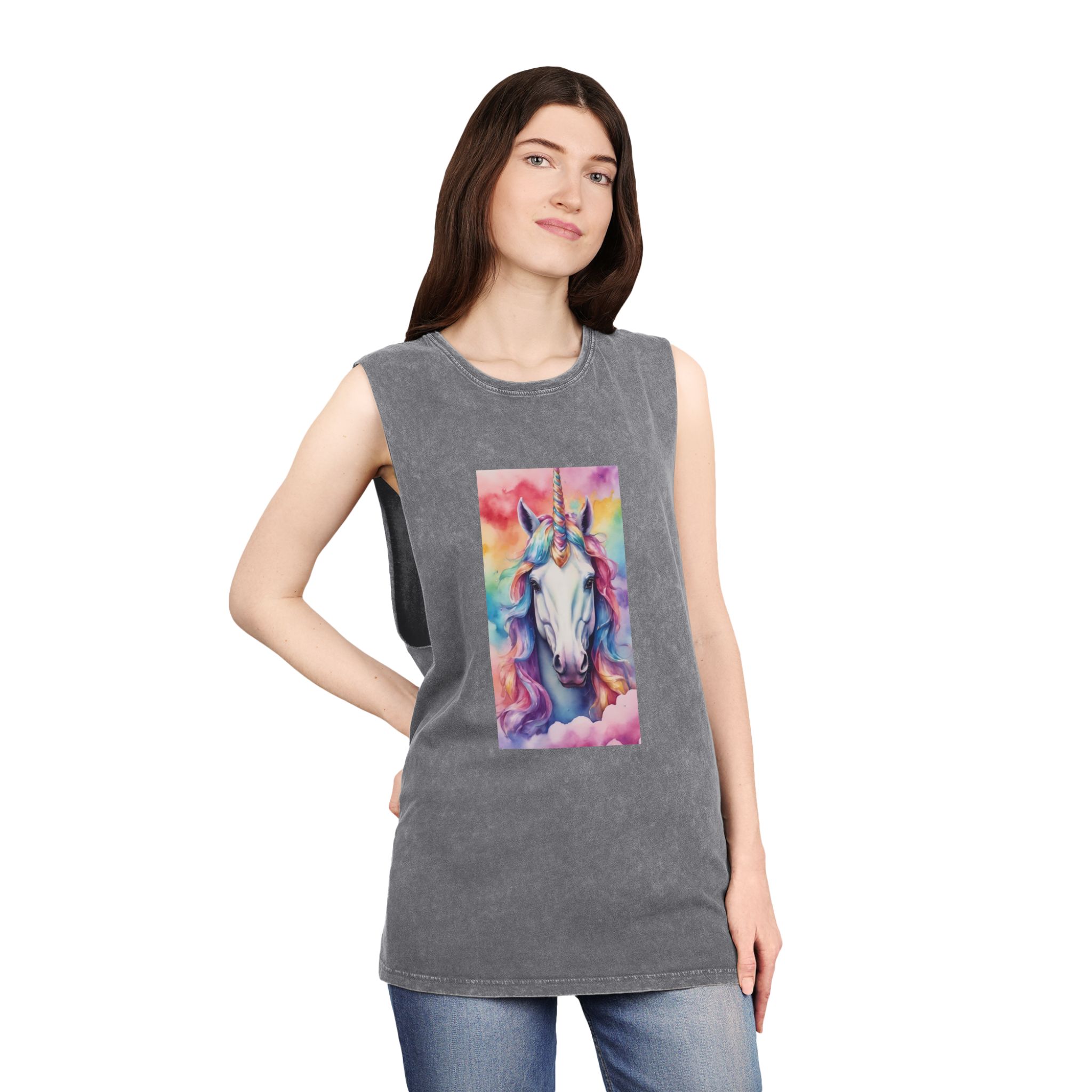 Rainbow Pastel Unicorn Candy Watercolor Background Social Media Template Etc Unisex Stonewash Tank Top - Image 12