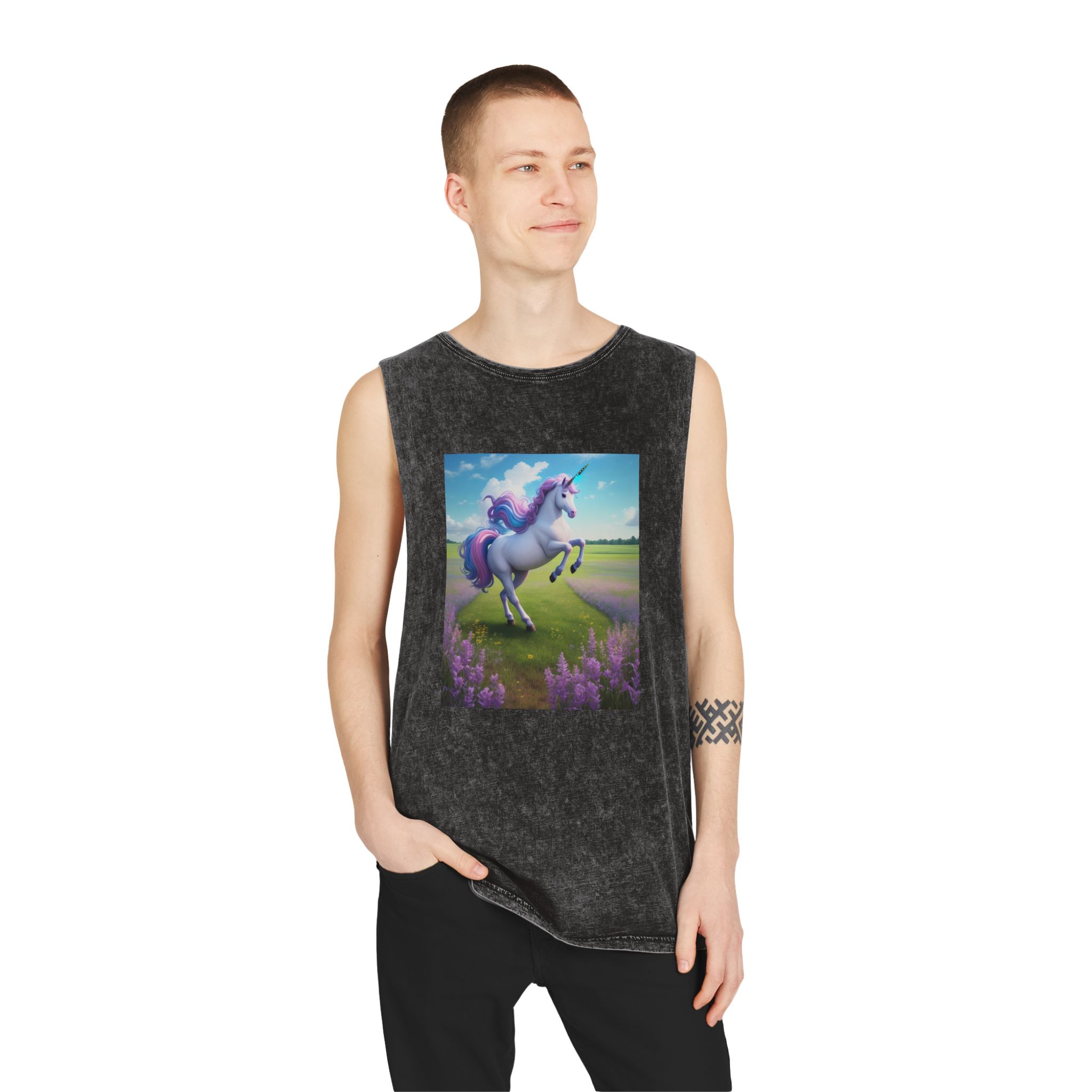 Beautiful Unicorn Running Magical Meadow Unicorn Background Images Whimsical Unicorn (24) Unisex Stonewash Tank Top - Image 3