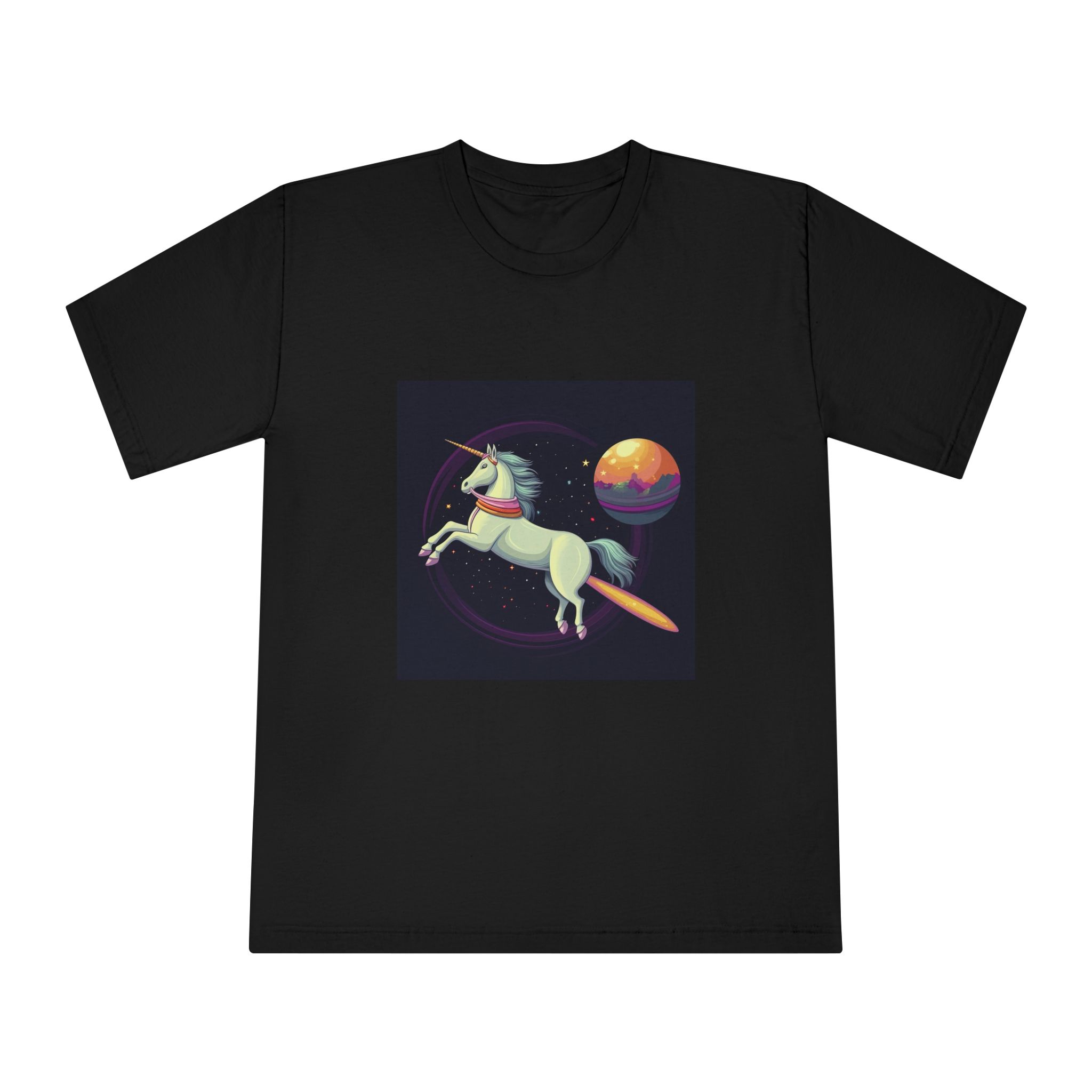 Unicorn With Long Tail Is Flying Through Circle With Moon Stars Unisex Classic Crewneck T Shirt - Image 5