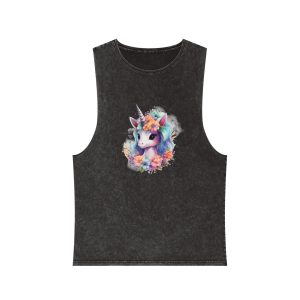 Cute Colorful Magic Unicorn With Flowers Watercolor Style (3) Copy Unisex Stonewash Tank Top