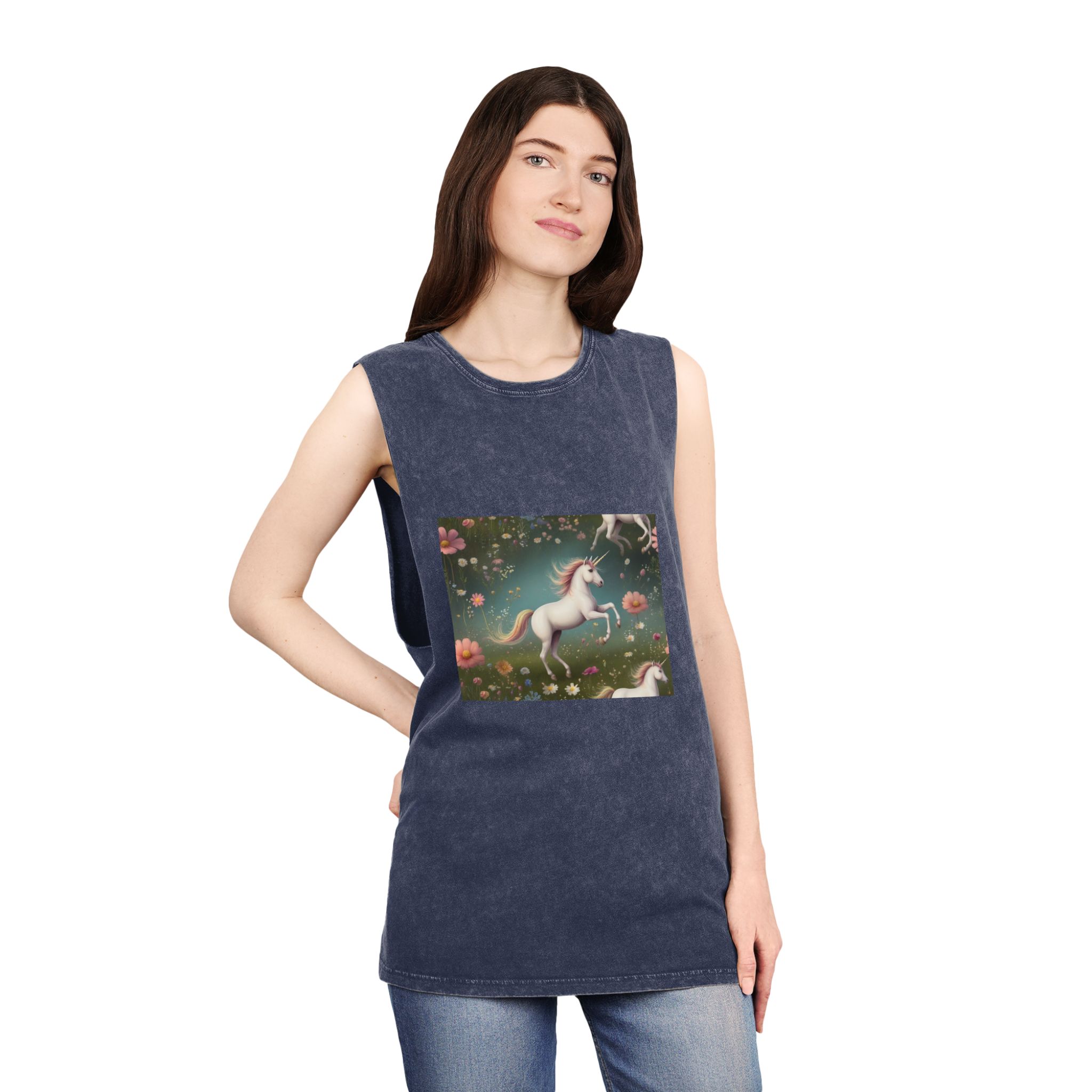 Beautiful Unicorn Running Magical Meadow Unicorn Background Images Whimsical Unicorn (17) Unisex Stonewash Tank Top - Image 16