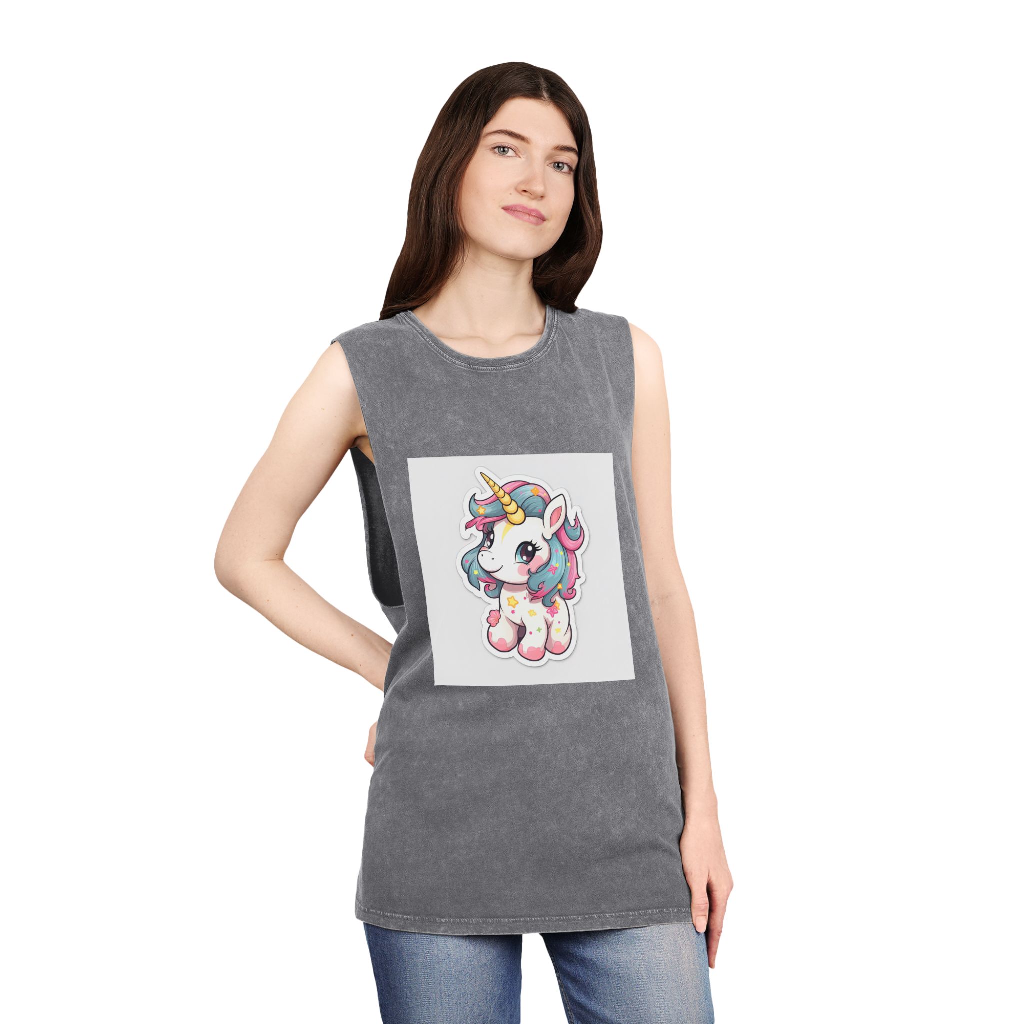 Cartoon Unicorn With Pink Mane Tail With Stars It Unisex Stonewash Tank Top - Image 12
