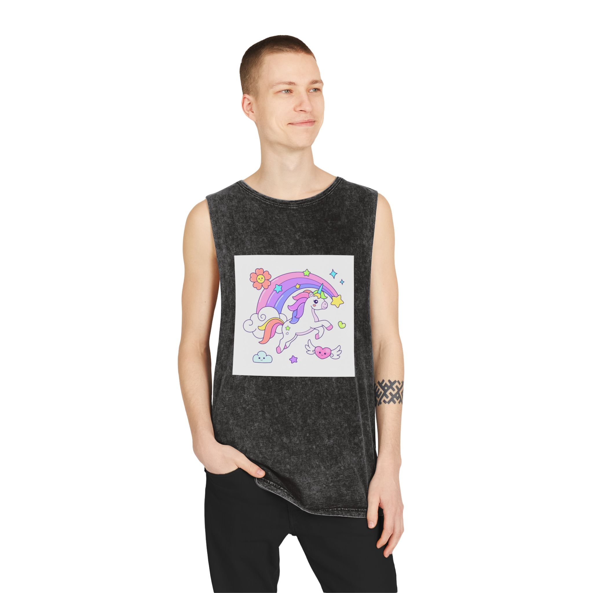 Cute Unicorn Flying Over the Rainbow Illustration Unisex Stonewash Tank Top - Image 3