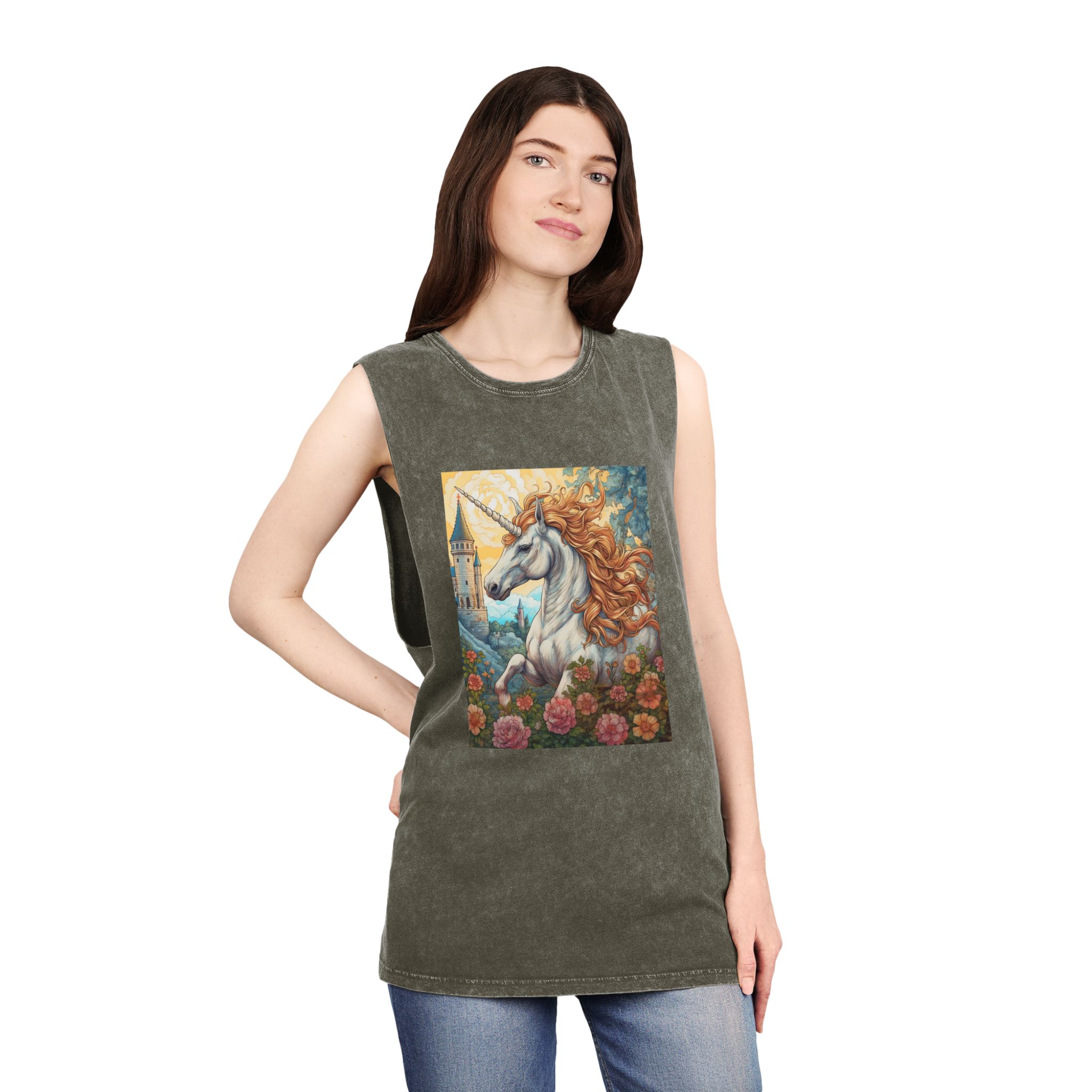 Painting Unicorn With Long Mane Castle Background Generative Ai Unisex Stonewash Tank Top - Image 8