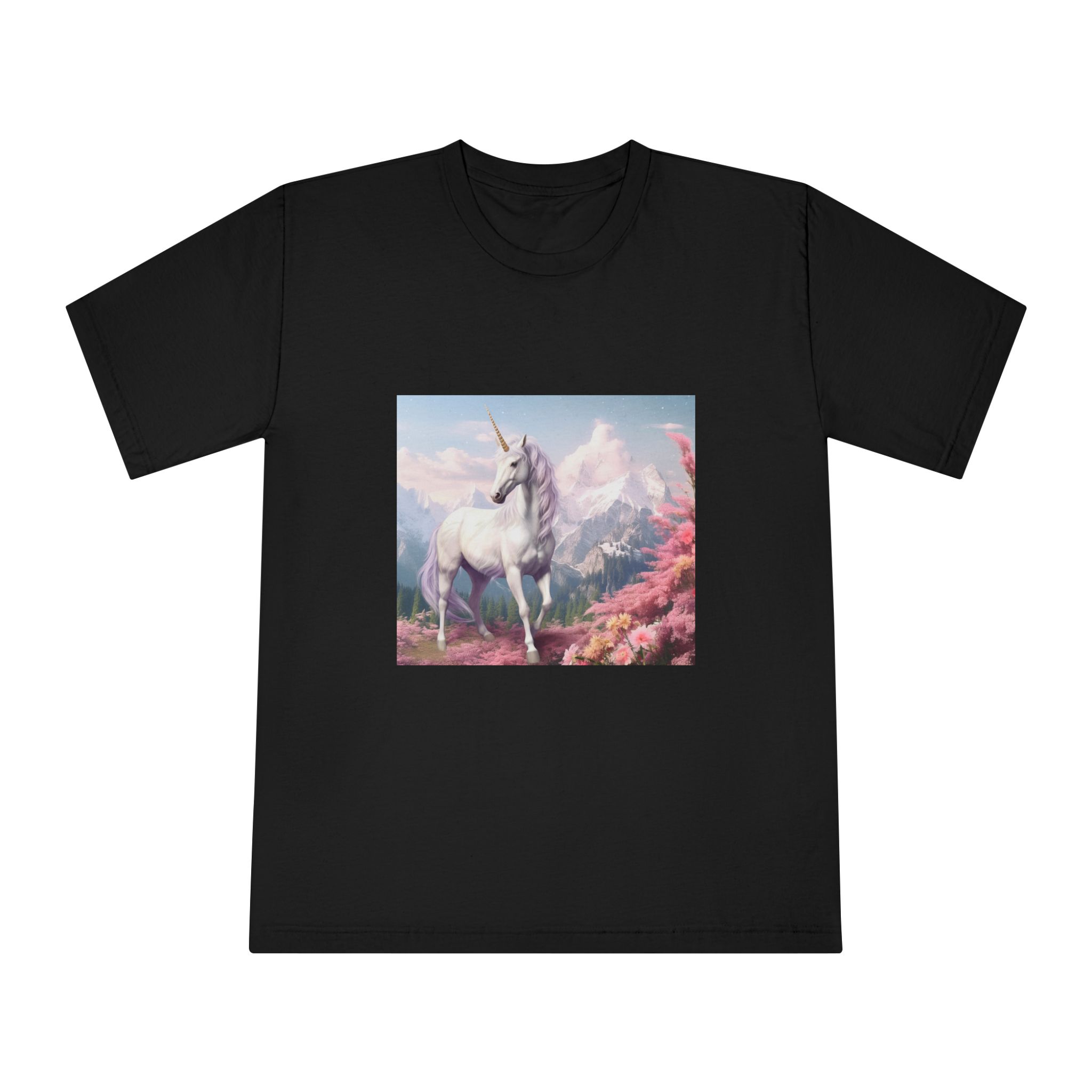 Unicorn Standing Field Flowers With Mountains Background Generative Ai Unisex Classic Crewneck T Shirt - Image 5