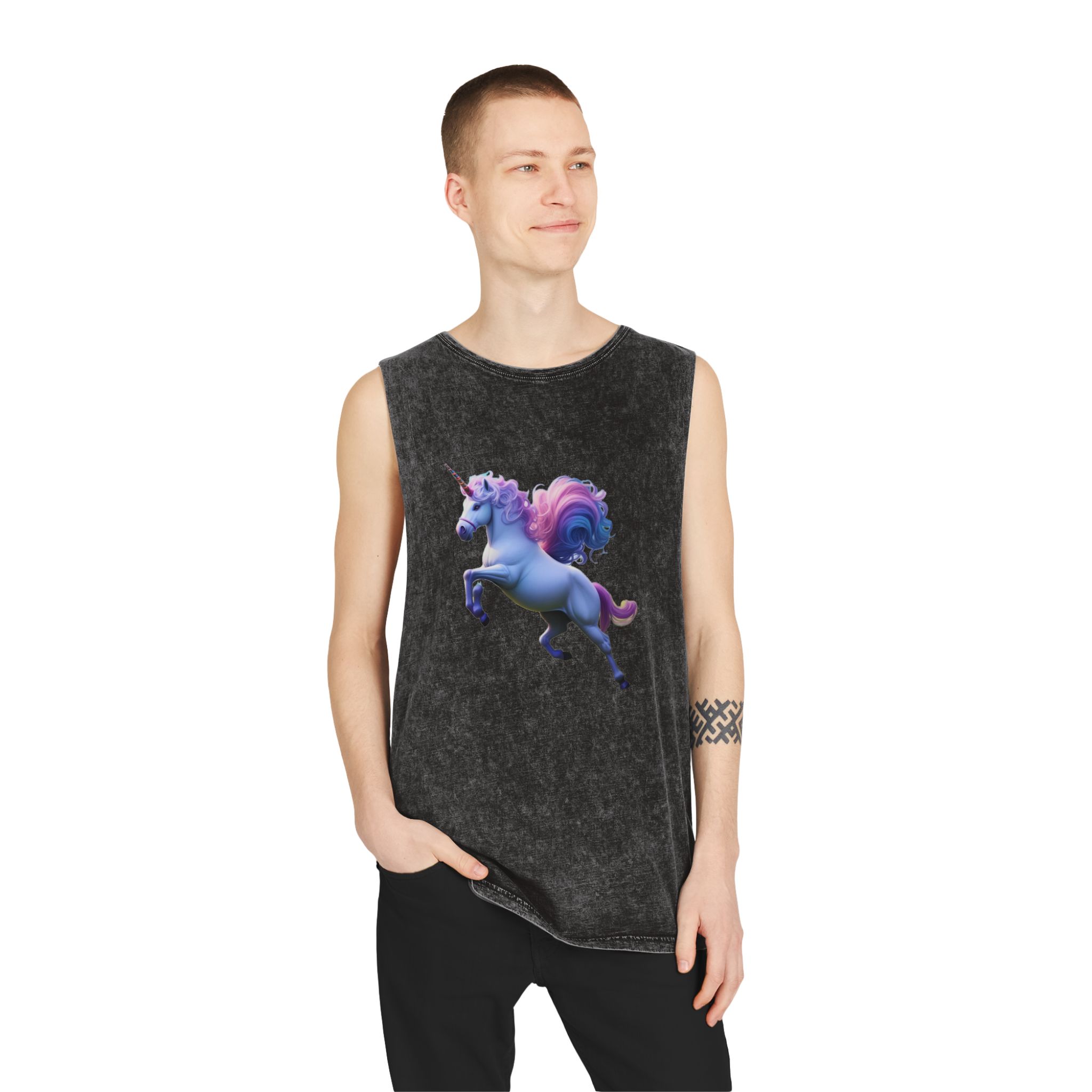 Beautiful Unicorn Running Magical Meadow Unicorn Background Images Whimsical Unicorn (26) Unisex Stonewash Tank Top - Image 3