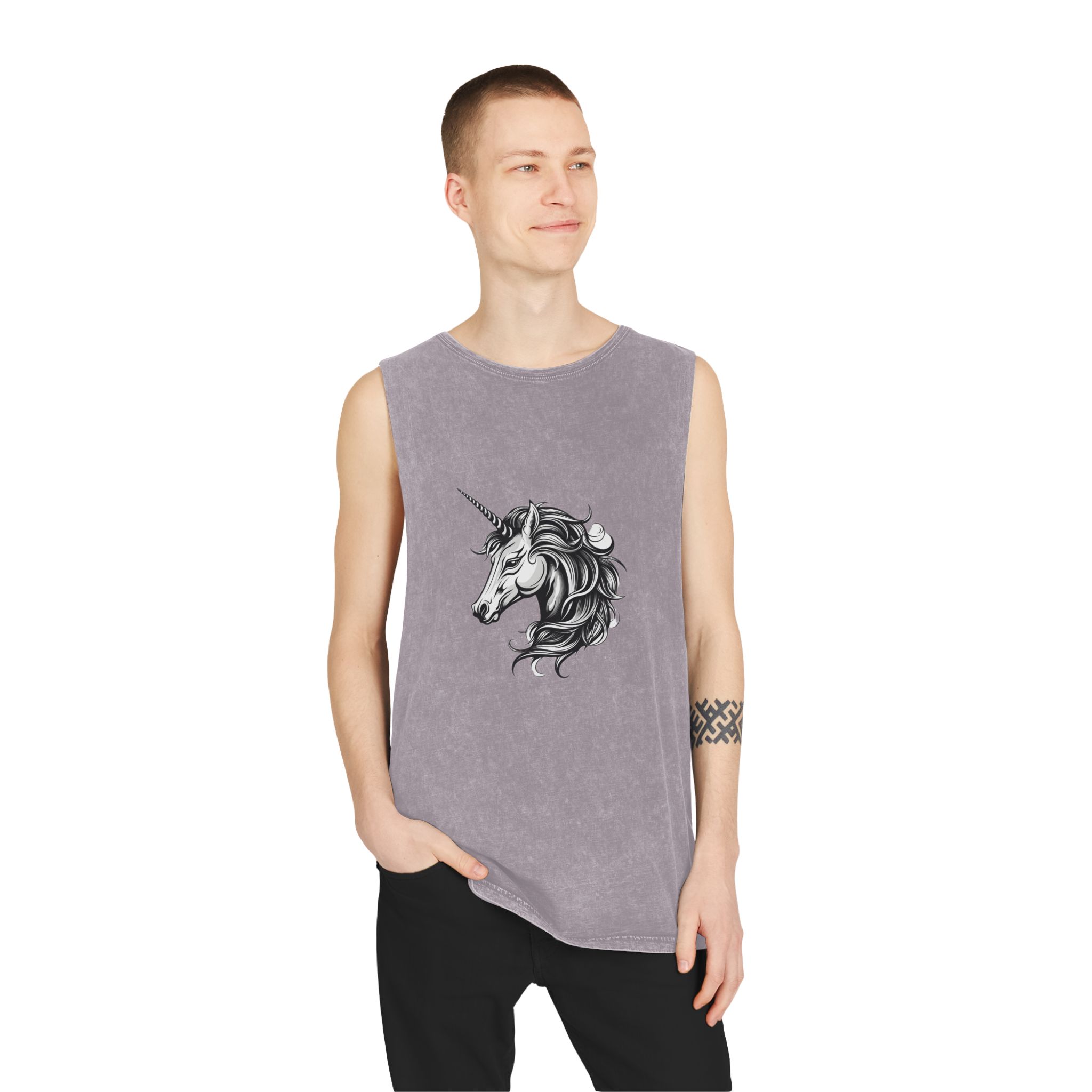 Unicorn Head Tshirt Tattoo Design Dark Art Illustration Isolated White (2) Unisex Stonewash Tank Top - Image 19