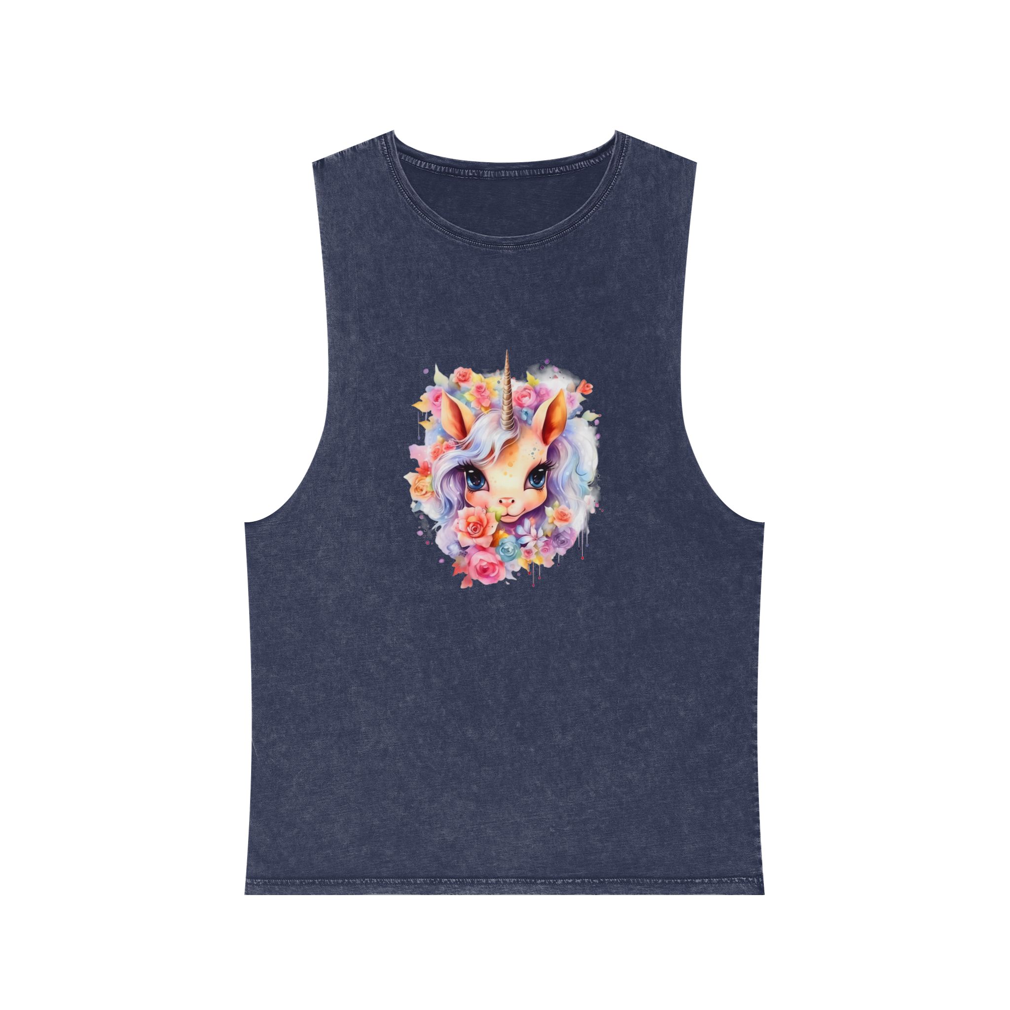 Cute Colorful Magic Unicorn With Flowers Watercolor Style (7) Unisex Stonewash Tank Top - Image 13
