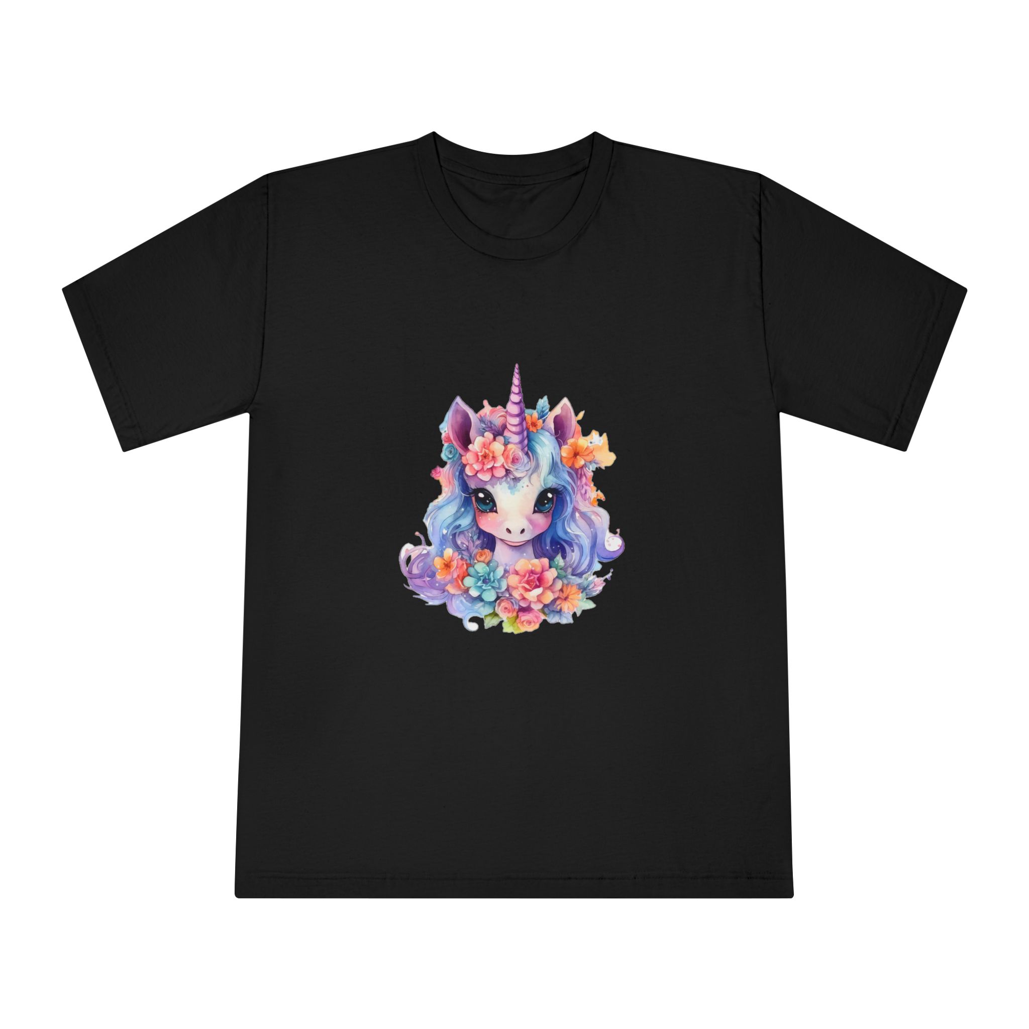 Cute Colorful Magic Unicorn With Flowers Watercolor Style (9) Unisex Classic Crewneck T Shirt - Image 5