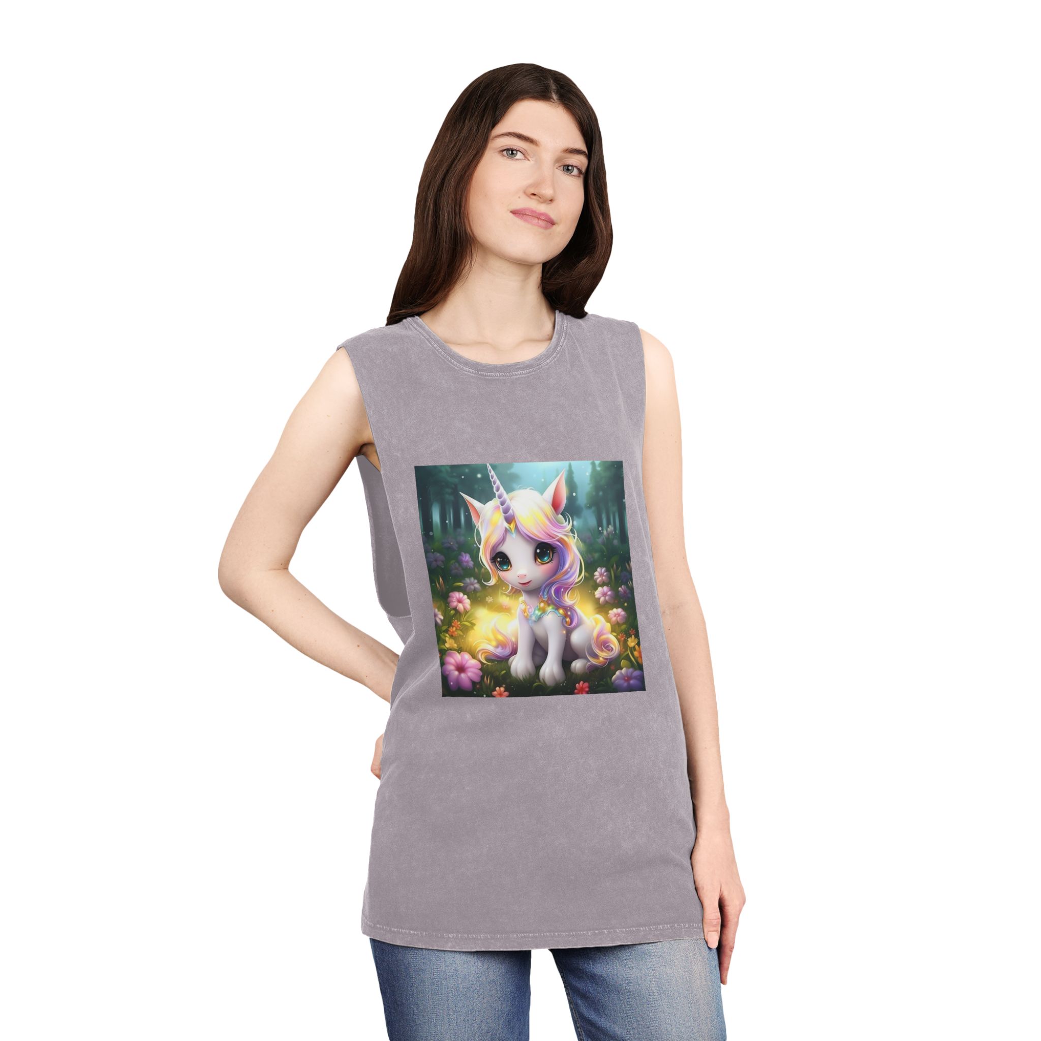 Unicorn Sitting Grass With Flowers Trees Background Generative Ai Unisex Stonewash Tank Top - Image 20