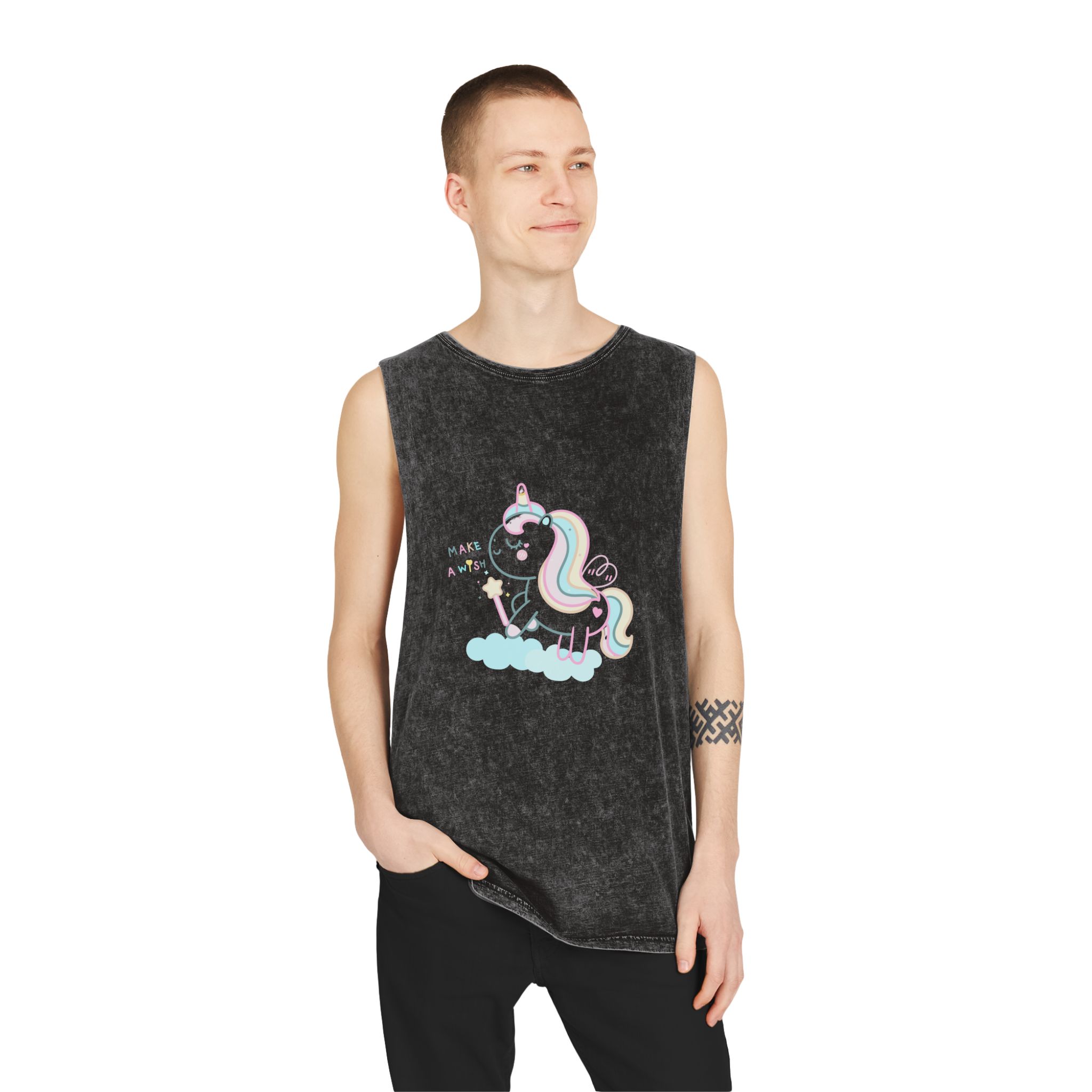 Cute Unicorn Pastel Holding Magic Wand Unisex Stonewash Tank Top - Image 3