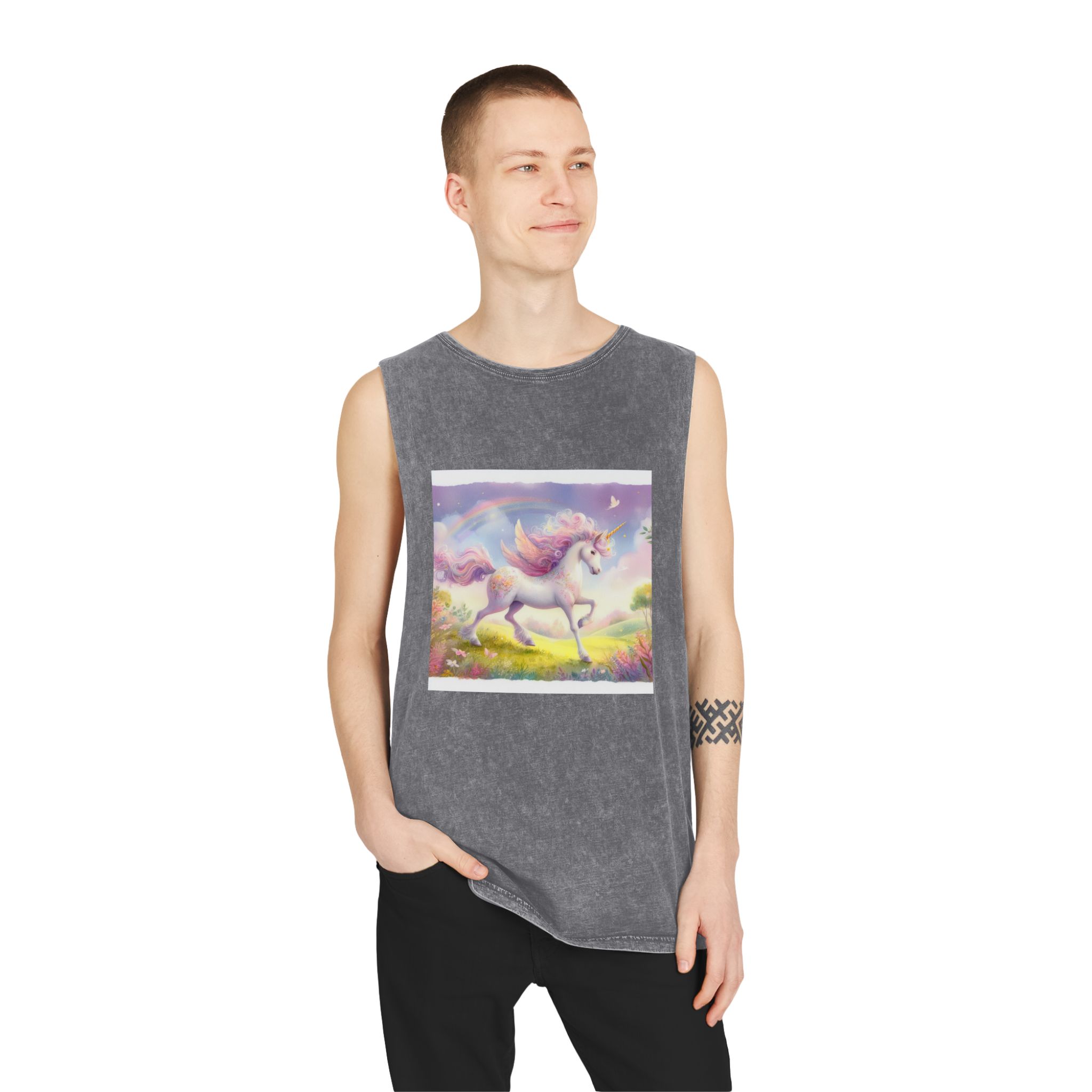 Beautiful Unicorn Running Magical Meadow Unicorn Background Images Whimsical Unicorn (10) Unisex Stonewash Tank Top - Image 11