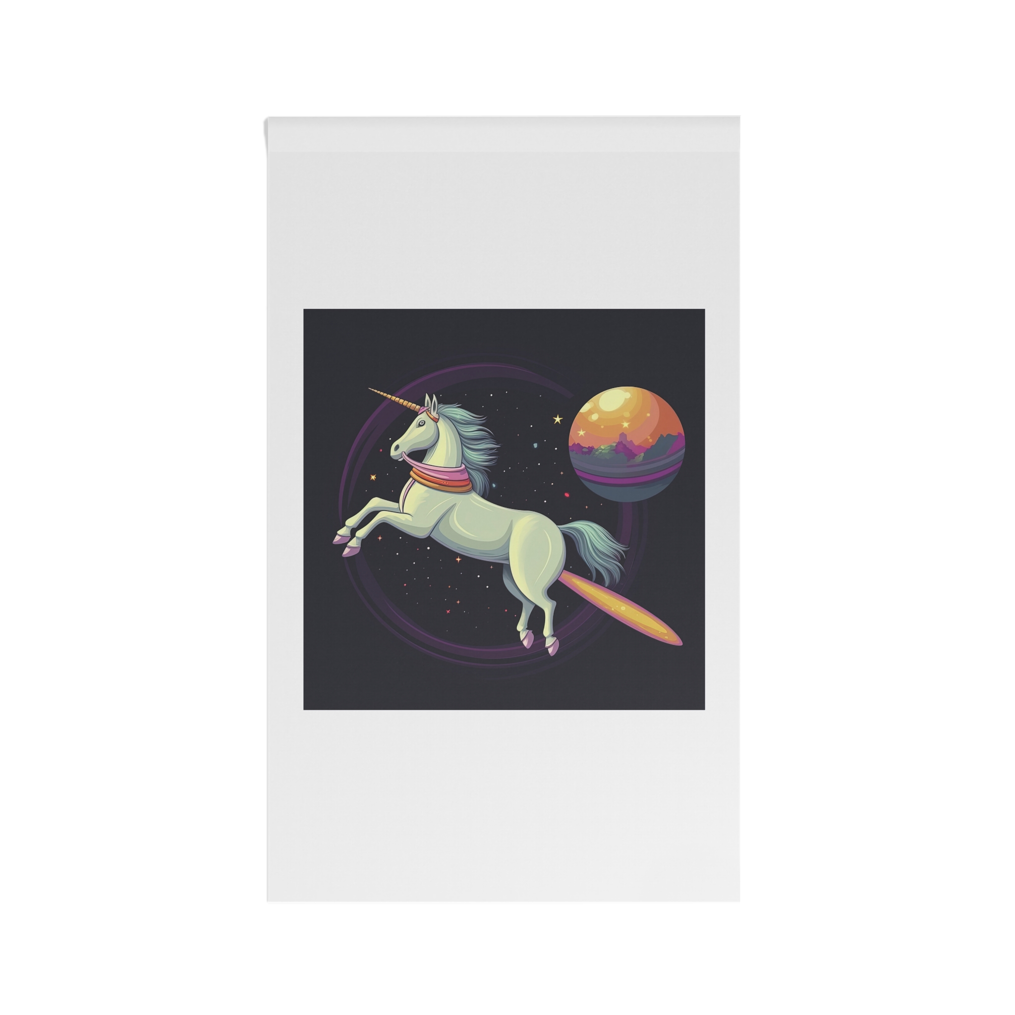 Unicorn With Long Tail Is Flying Through Circle With Moon Stars House Banner
