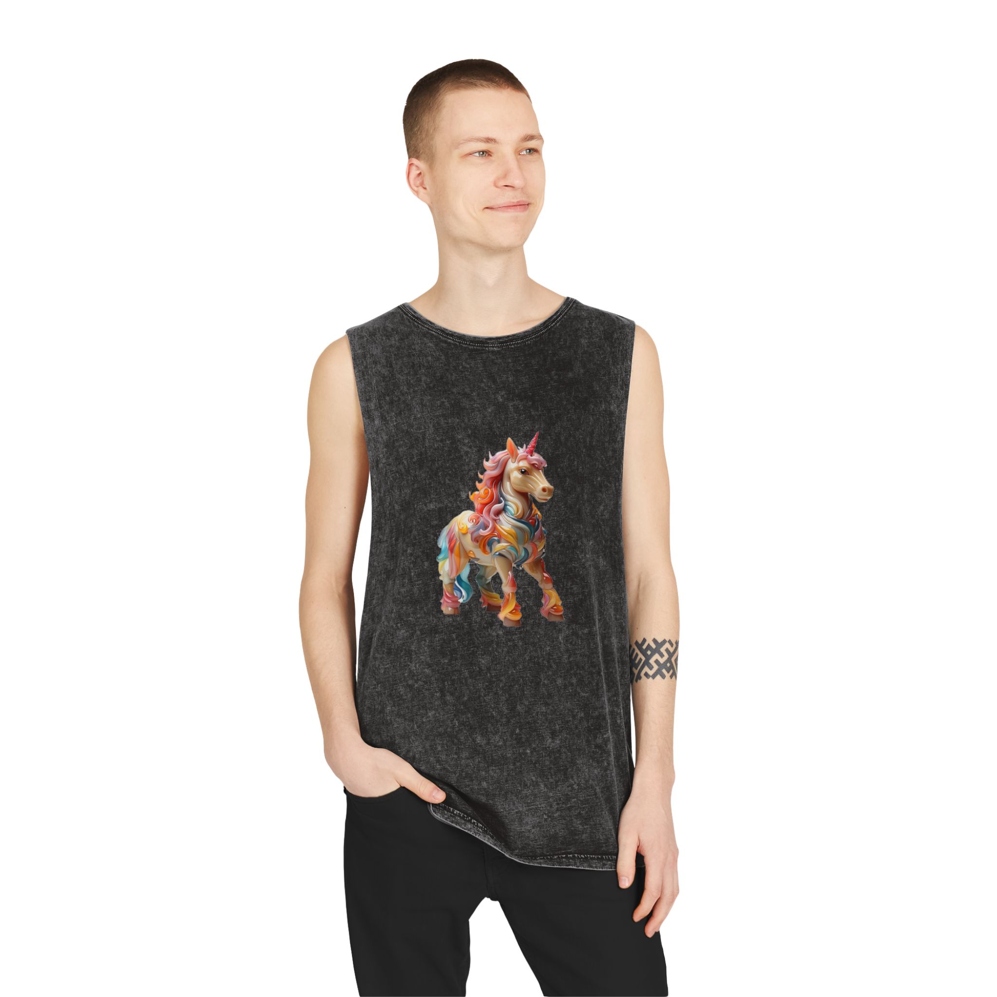 Colorful 3d Mythical Unicorn (1) Copy Unisex Stonewash Tank Top - Image 3