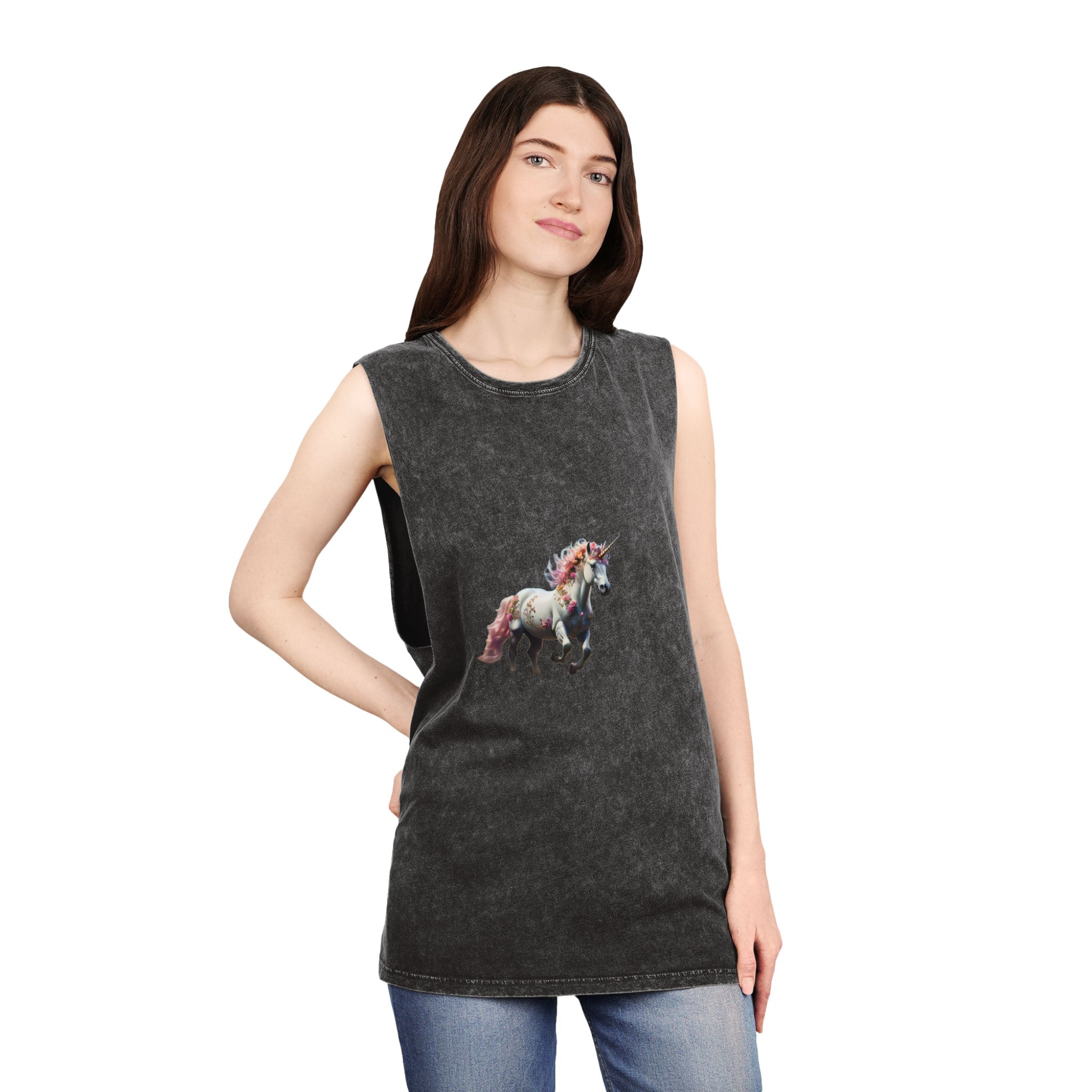 Beautiful Unicorn Running Magical Meadow Unicorn Background Images Whimsical Unicorn (38) Unisex Stonewash Tank Top - Image 4