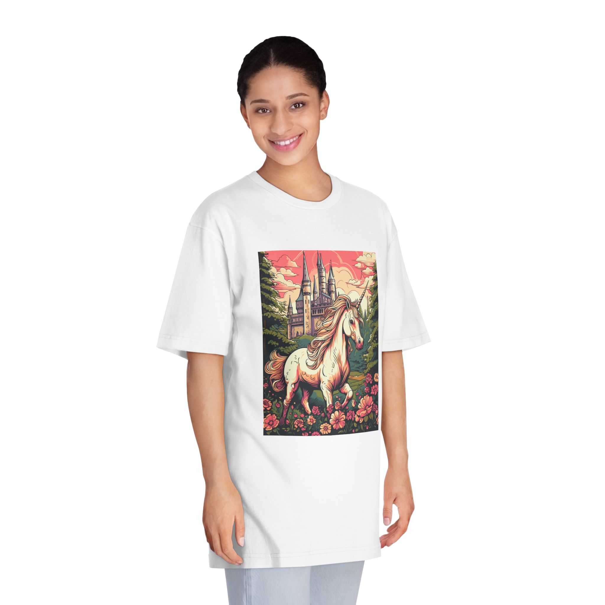 Unicorn Front Castle With Flowers Trees Generative Ai Unisex Classic Crewneck T Shirt - Image 3