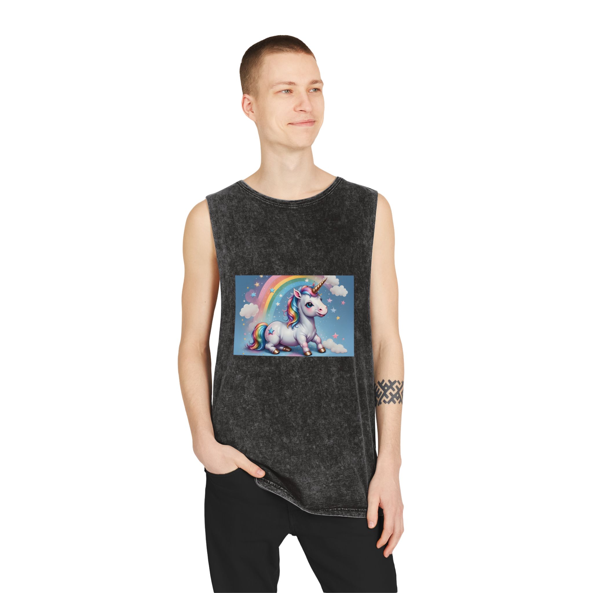 Happy Unicorn Background Sky Rainbow Unisex Stonewash Tank Top - Image 3