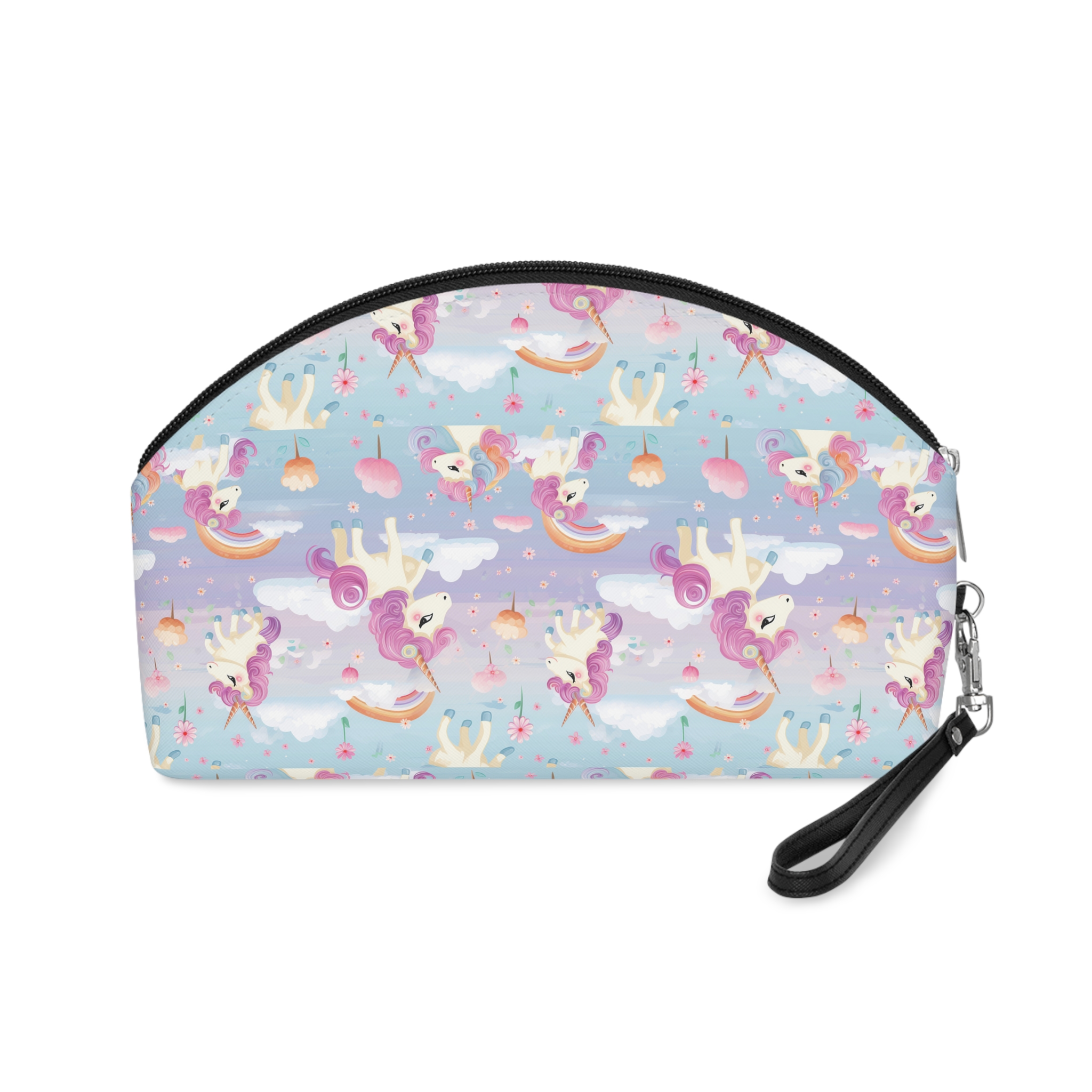 Playful Unicorns Flowers Clouds Rainbows Ice Creams Pastel Background (5) Makeup Bag - Image 2