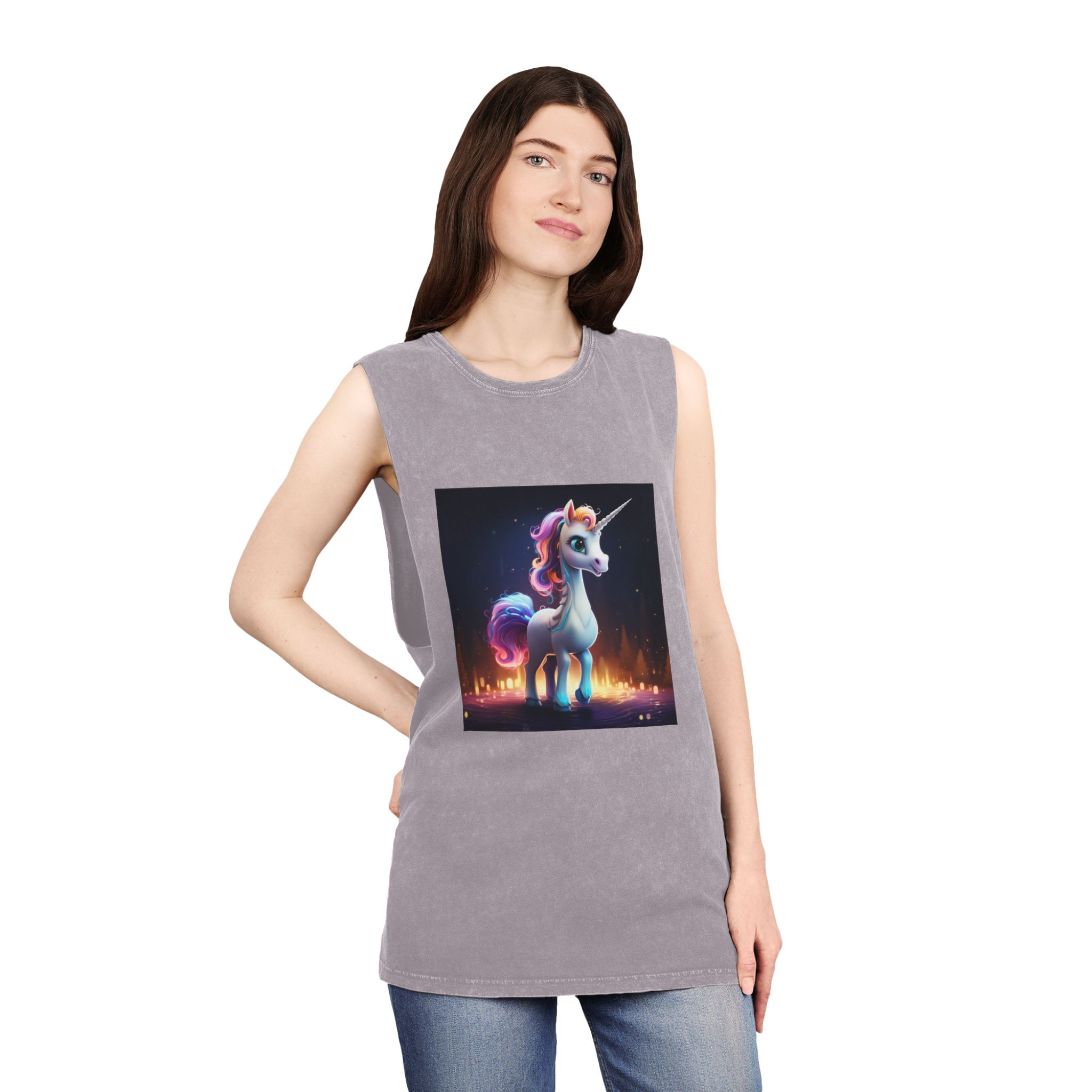 Unicorn Standing Wooden Platform With City Background Generative Ai Unisex Stonewash Tank Top - Image 20