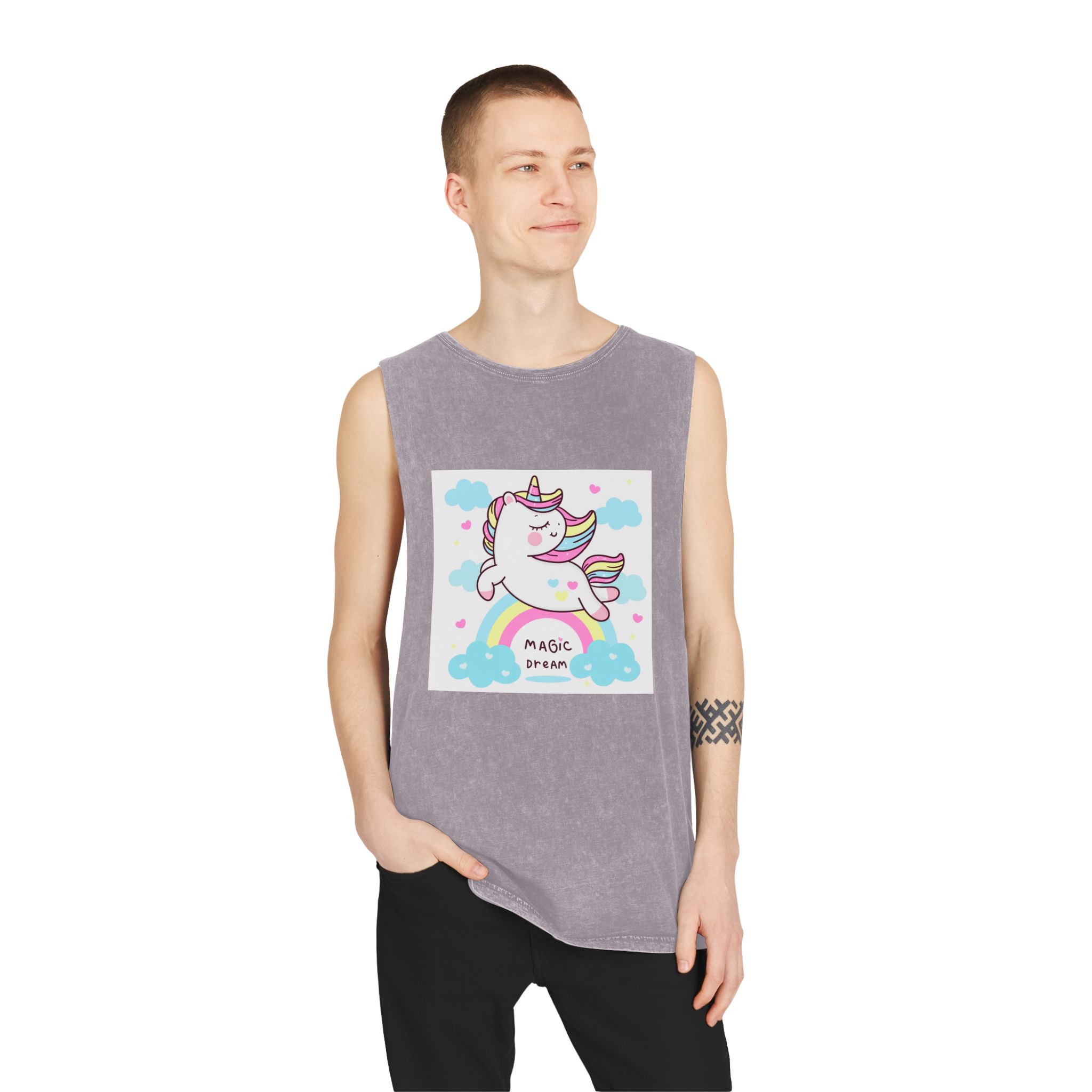 Cute Unicorn Pegasus Vector Fly On Sky With Rainbow Sweet Heart and Cloud Pony Cartoon Pastel Background Valentines Day Unisex Stonewash Tank Top - Image 19