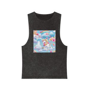 Playful Unicorns Among Flowers Clouds Rainbows Ice Creams Pastel Background (8) Unisex Stonewash Tank Top