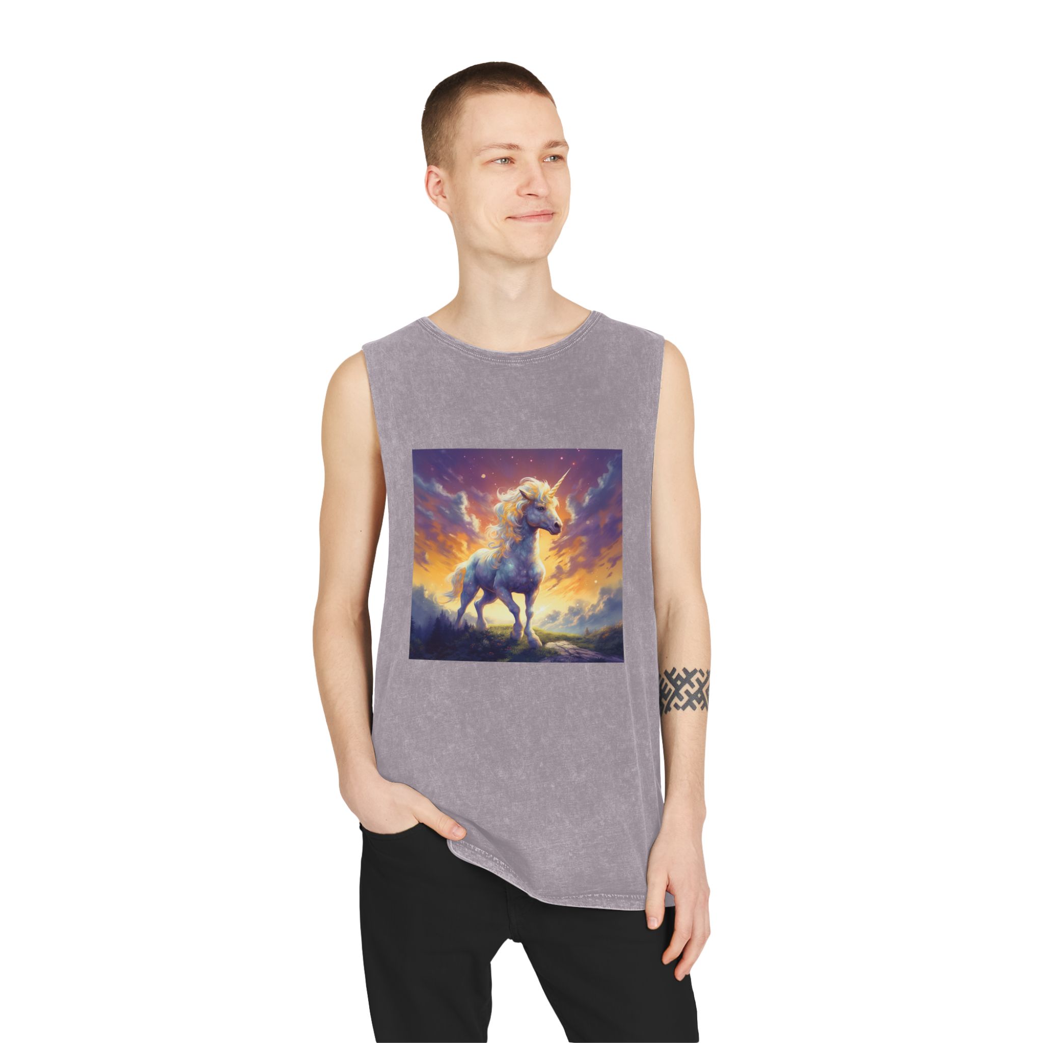 Painting Unicorn Standing Hill With Sunset Background Generative Ai (1) Unisex Stonewash Tank Top - Image 19