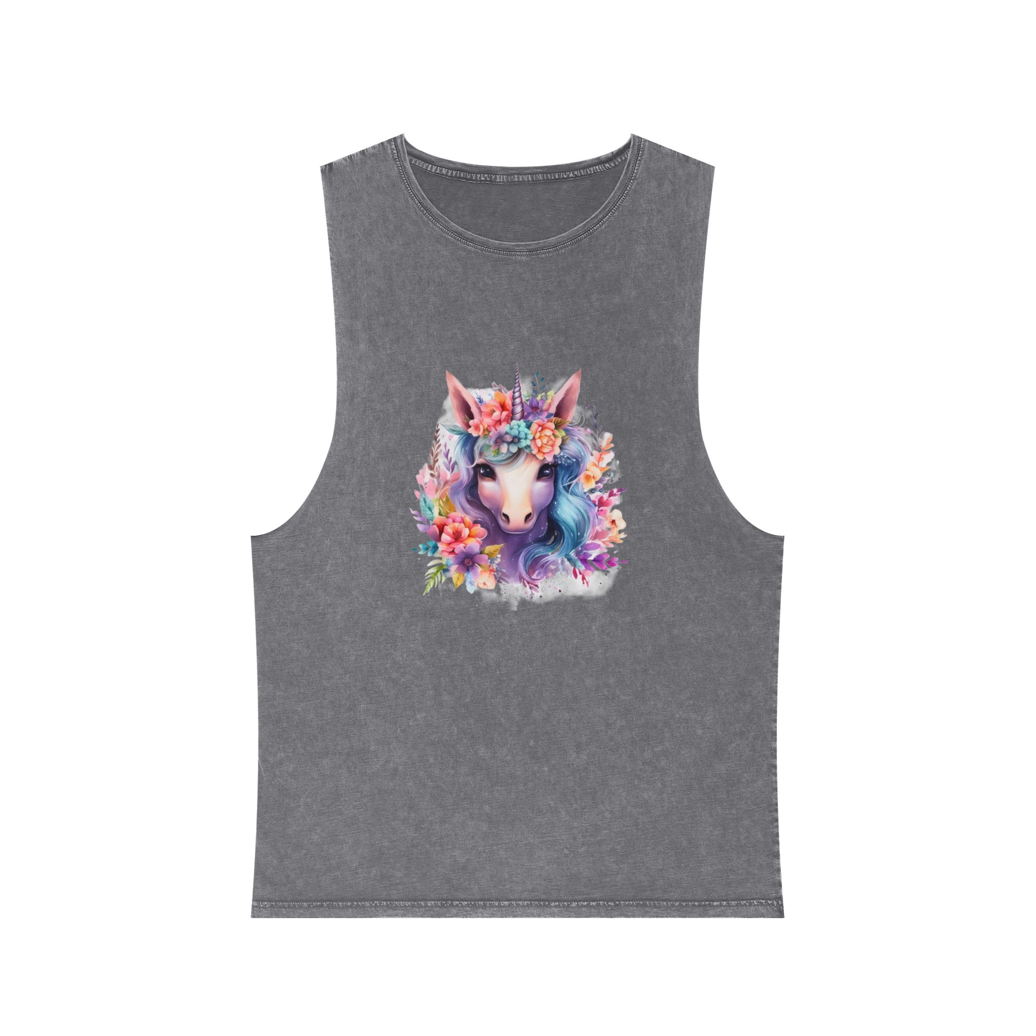 Cute Colorful Magic Unicorn With Flowers Watercolor Style (5) Unisex Stonewash Tank Top - Image 9