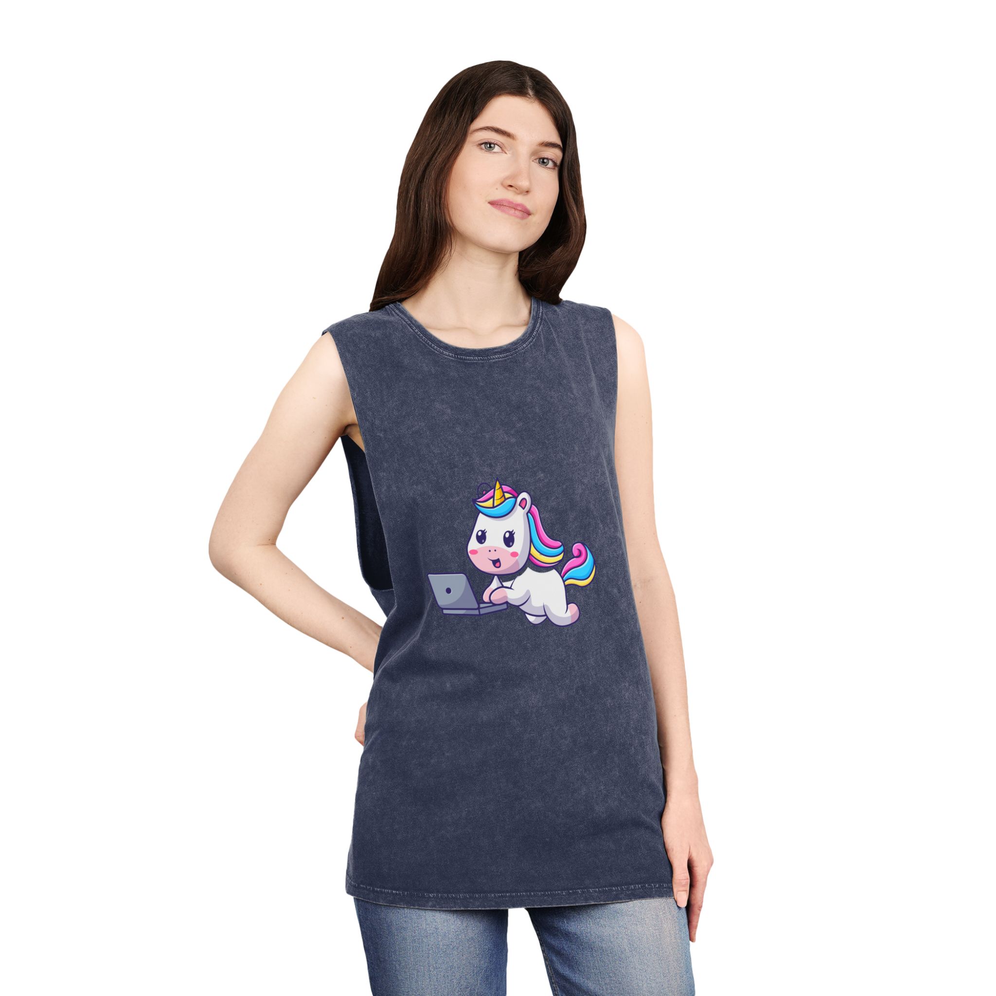 Cute Unicorn Computer Unisex Stonewash Tank Top - Image 16